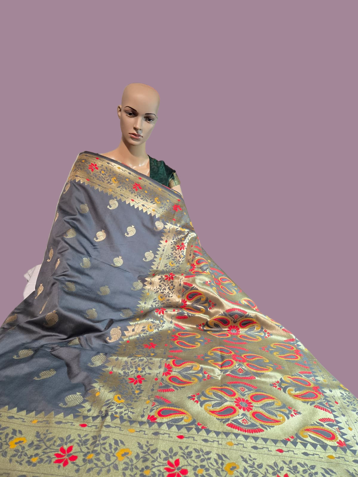 Buy Banaras Soft Katan Silk Saree with Resham Paithani Work – USA Store– Wedding, Party Wear, Engagements, Festive Events Saree Grey