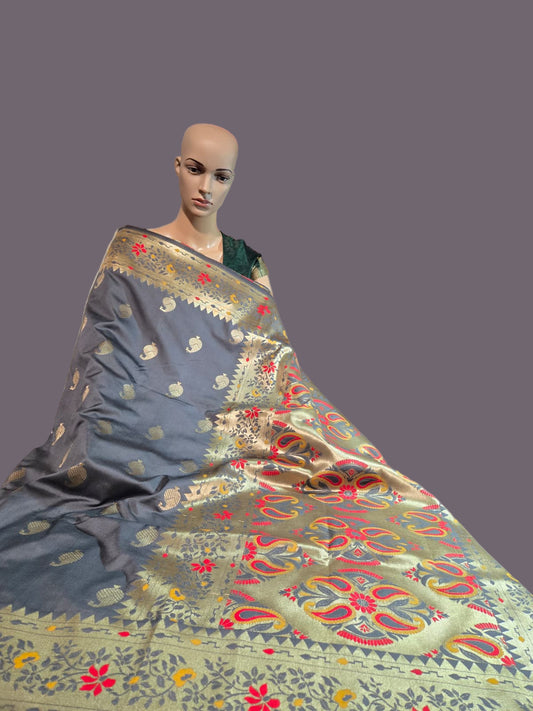 Buy Banaras Soft Katan Silk Saree with Resham Paithani Work – USA Store–  Wedding, Party Wear, Engagements, Festive Events Saree Grey