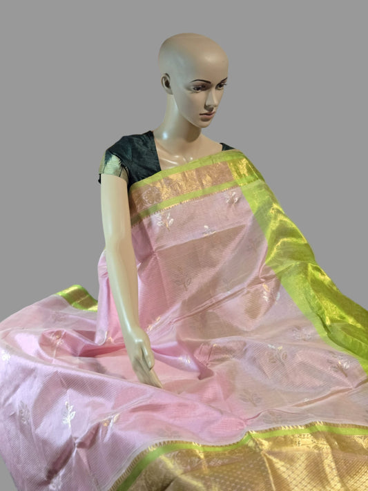 Pure Handloom Saree in Pink with Green Contrast Border – Pure Silk Elegance for Festive Wear