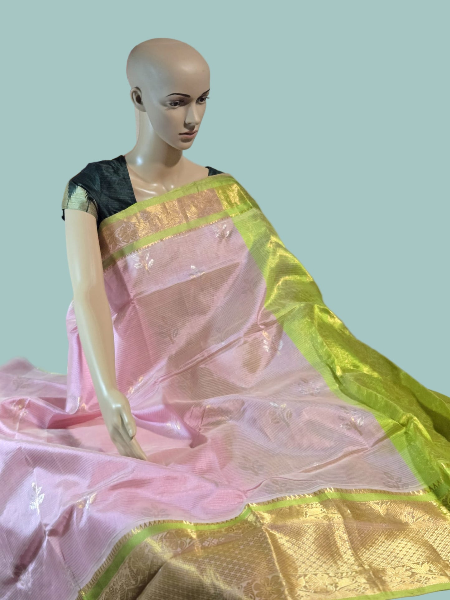 Pure Handloom Saree in Pink with Green Contrast Border – Pure Silk Elegance for Festive Wear