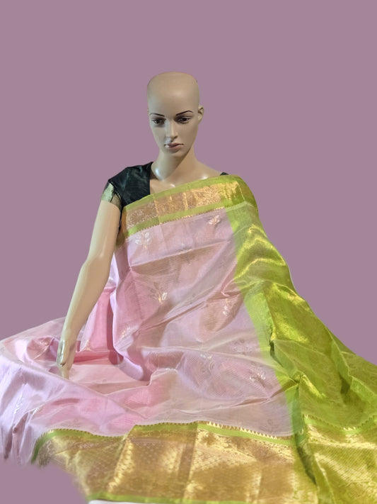 Pure Handloom Saree in Pink with Green Contrast Border – Pure Silk Elegance for Festive Wear
