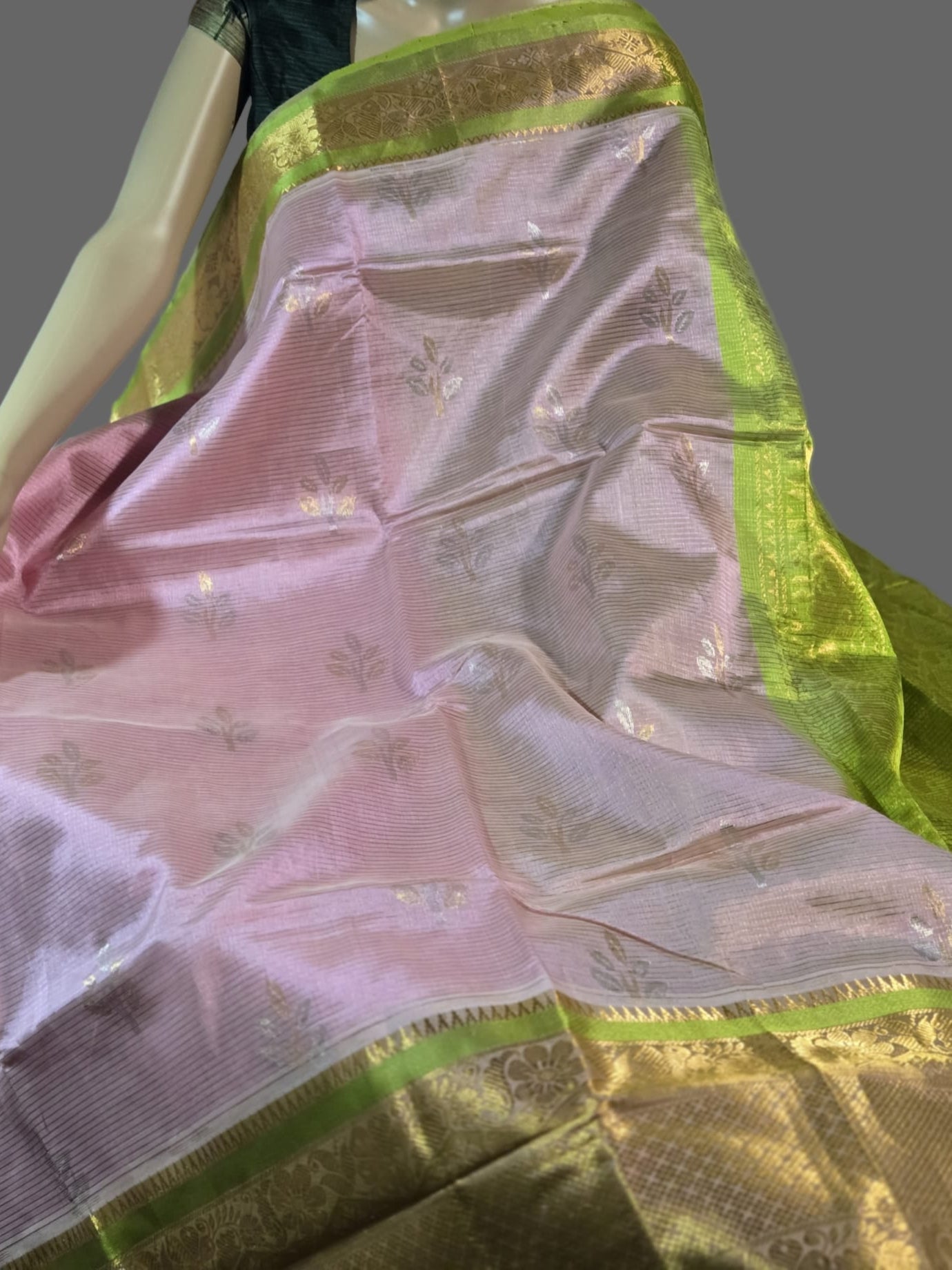 Pure Handloom Saree in Pink with Green Contrast Border – Pure Silk Elegance for Festive Wear