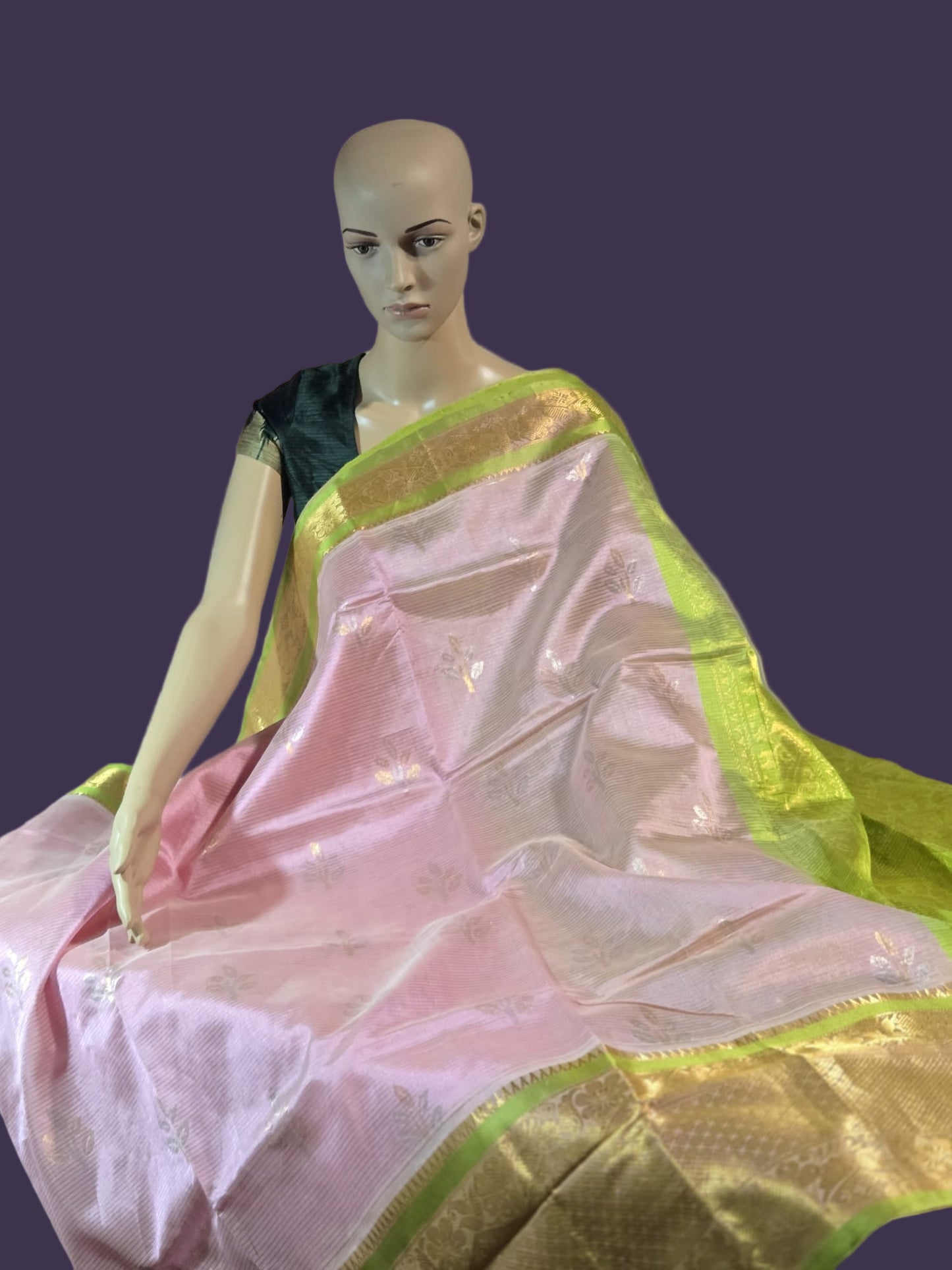 Pure Handloom Saree in Pink with Green Contrast Border – Pure Silk Elegance for Festive Wear