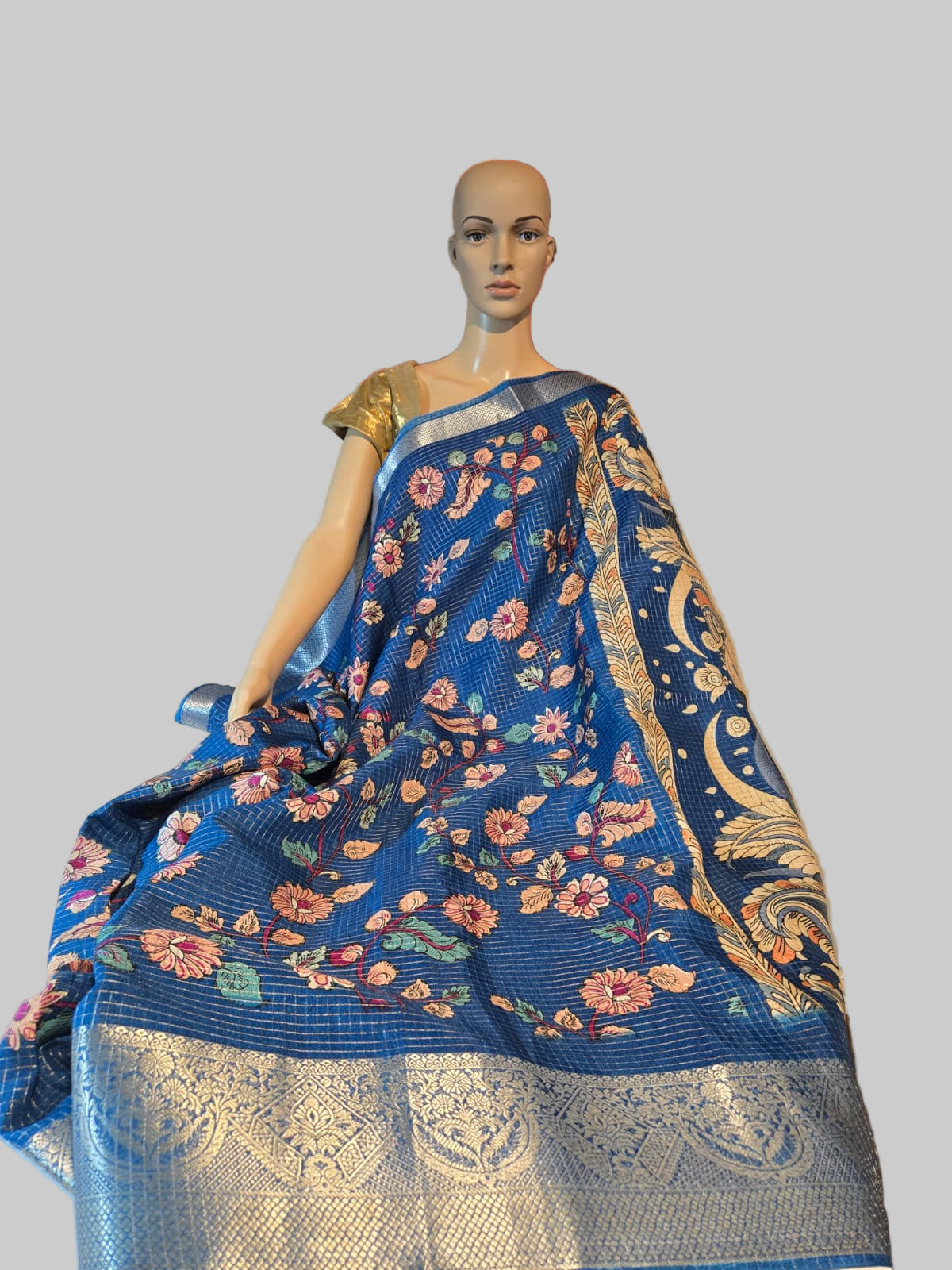 Elegant Semi Tussar Silk Saree with Zari Checks, Kalamkari Print & Woven Border – Blue Saree