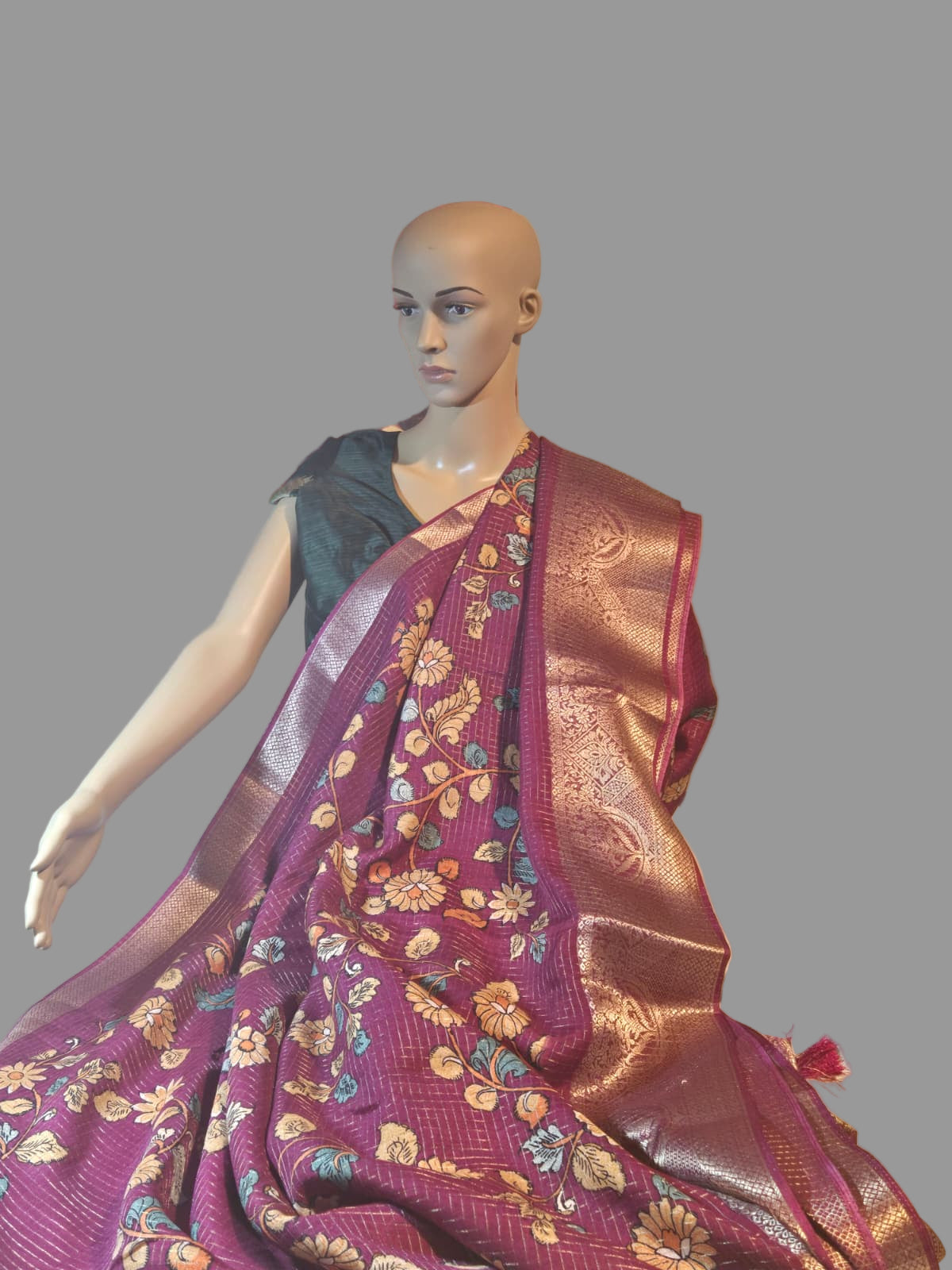 Semi Tussar Silk Saree with Zari Checked Pattern, Kalamkari Prints & Woven Zari Border –dark magenta