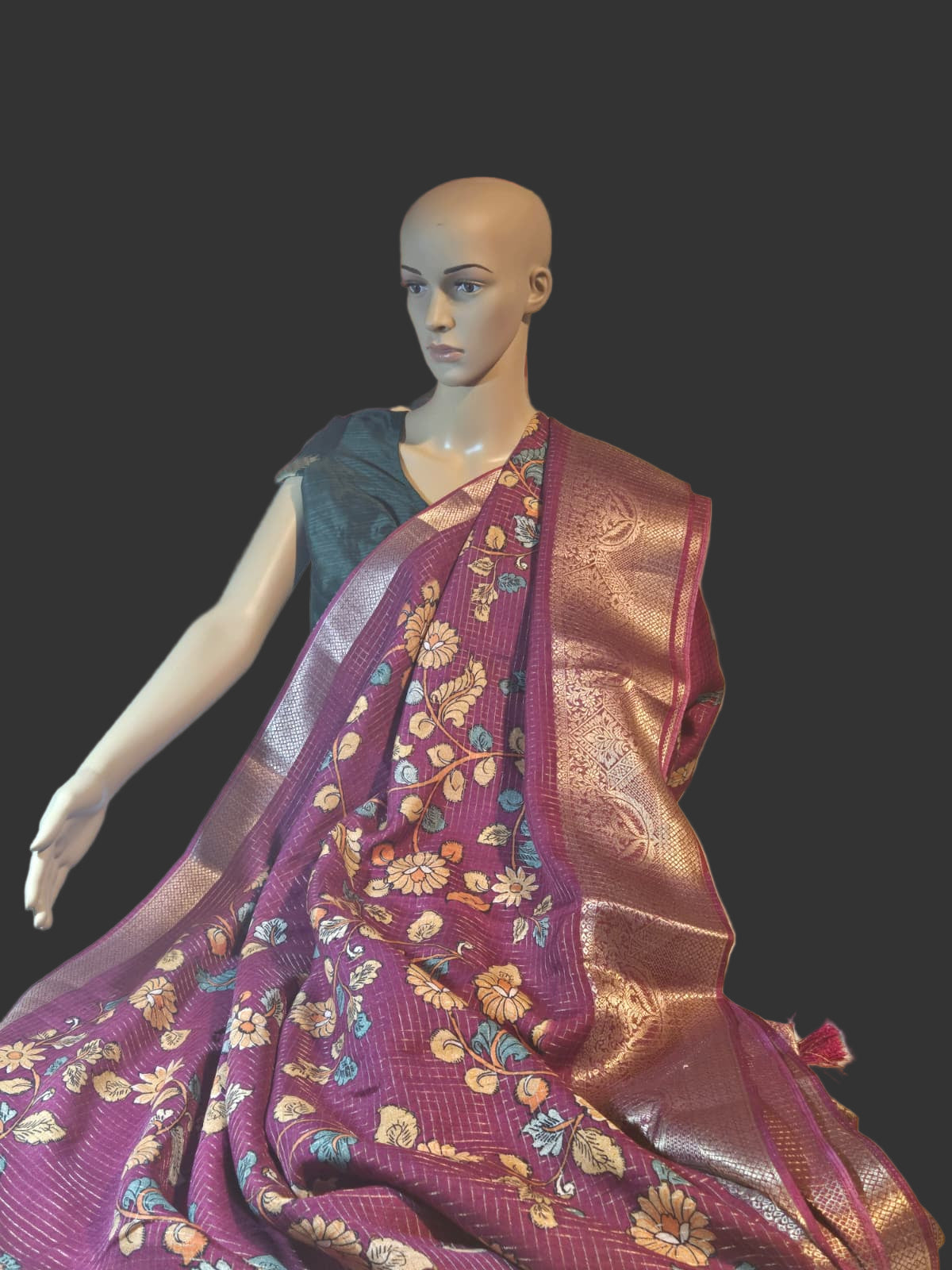 Semi Tussar Silk Saree with Zari Checked Pattern, Kalamkari Prints & Woven Zari Border –dark magenta