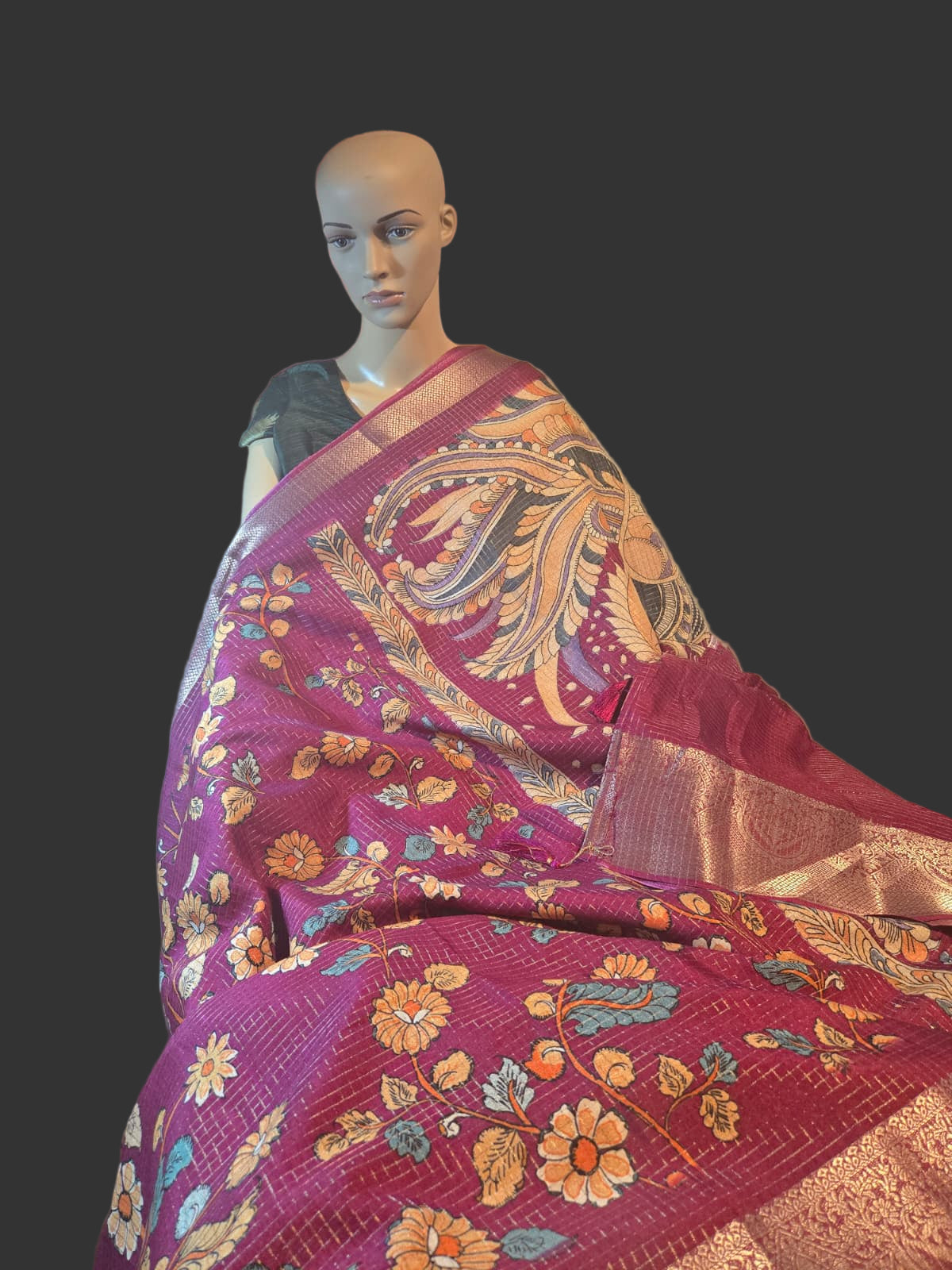 Semi Tussar Silk Saree with Zari Checked Pattern, Kalamkari Prints & Woven Zari Border –dark magenta