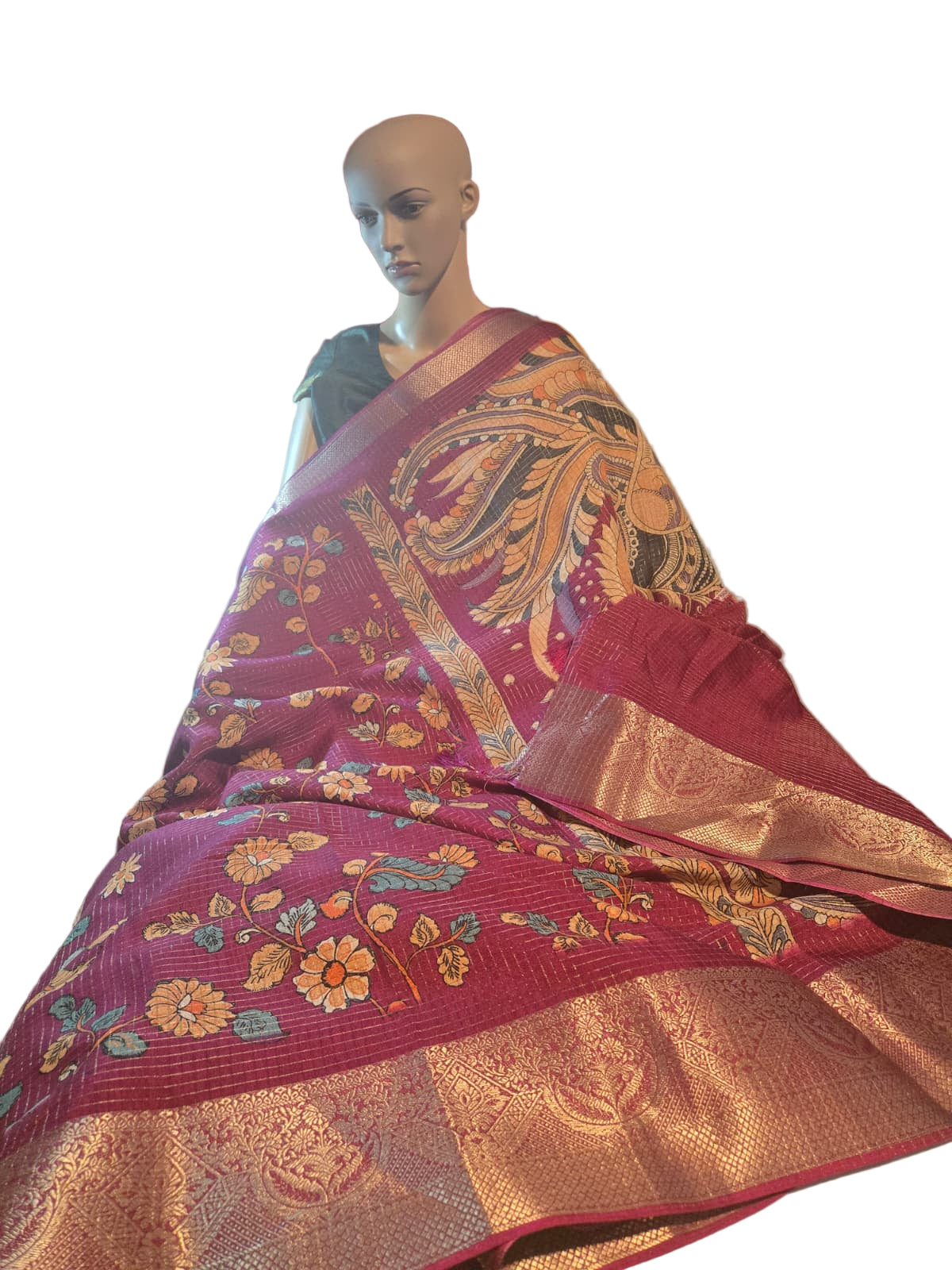 Semi Tussar Silk Saree with Zari Checked Pattern, Kalamkari Prints & Woven Zari Border –dark magenta