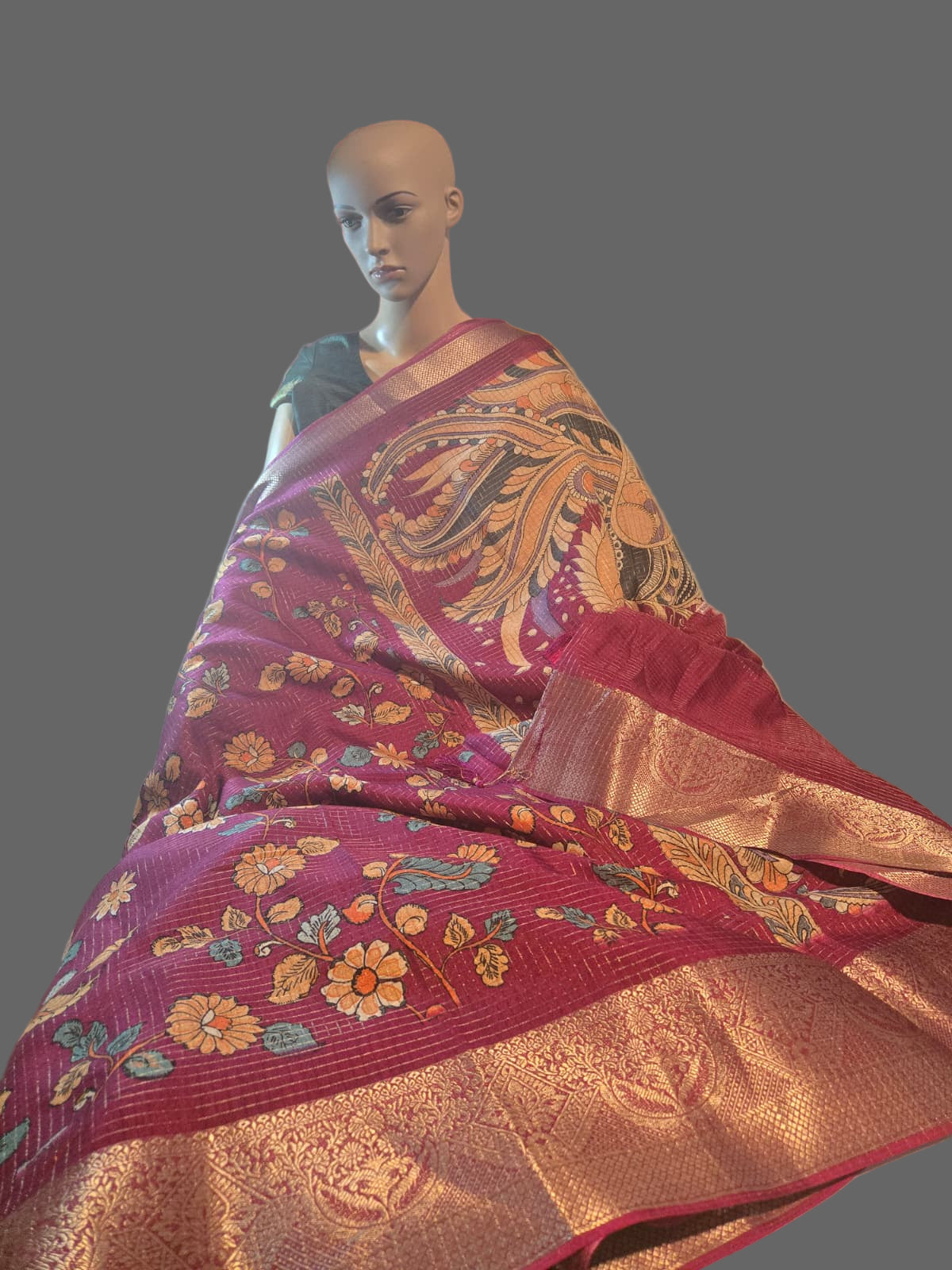 Semi Tussar Silk Saree with Zari Checked Pattern, Kalamkari Prints & Woven Zari Border –dark magenta