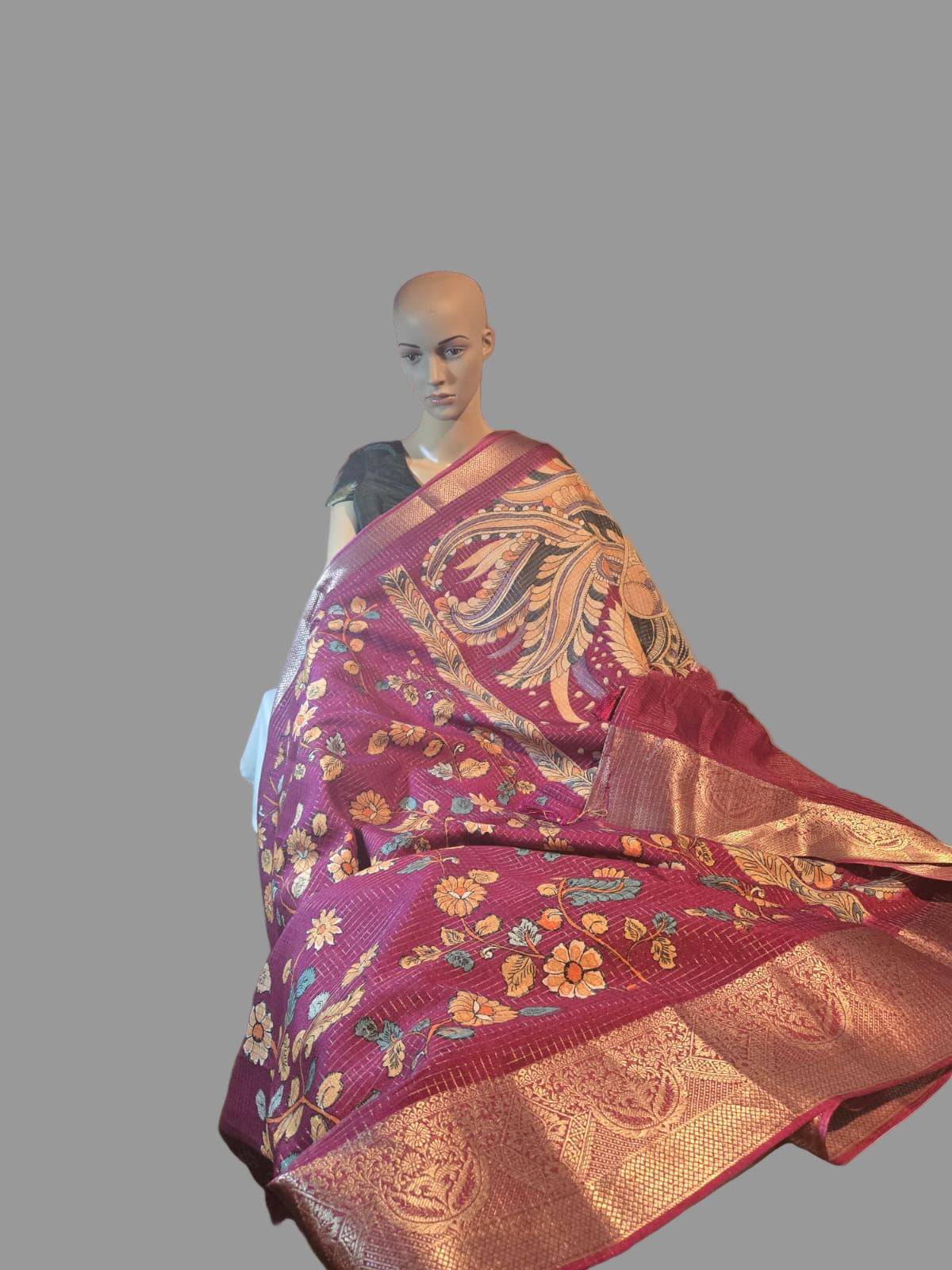 Semi Tussar Silk Saree with Zari Checked Pattern, Kalamkari Prints & Woven Zari Border –dark magenta