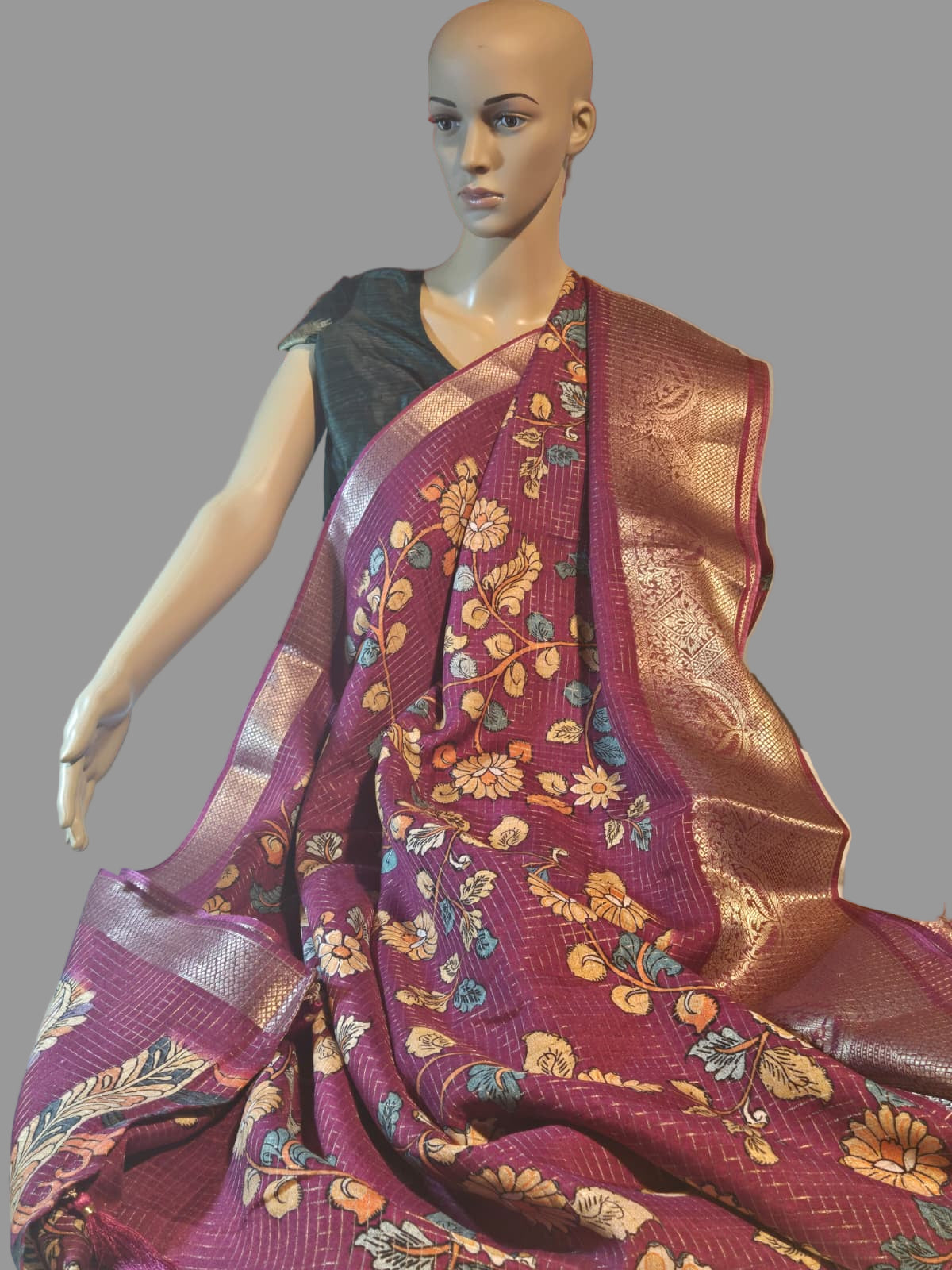 Semi Tussar Silk Saree with Zari Checked Pattern, Kalamkari Prints & Woven Zari Border –dark magenta