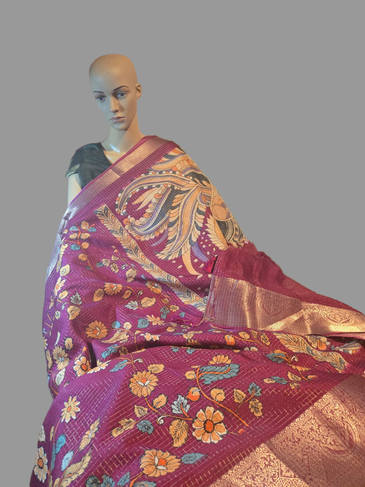 Semi Tussar Silk Saree with Zari Checked Pattern, Kalamkari Prints & Woven Zari Border –dark magenta