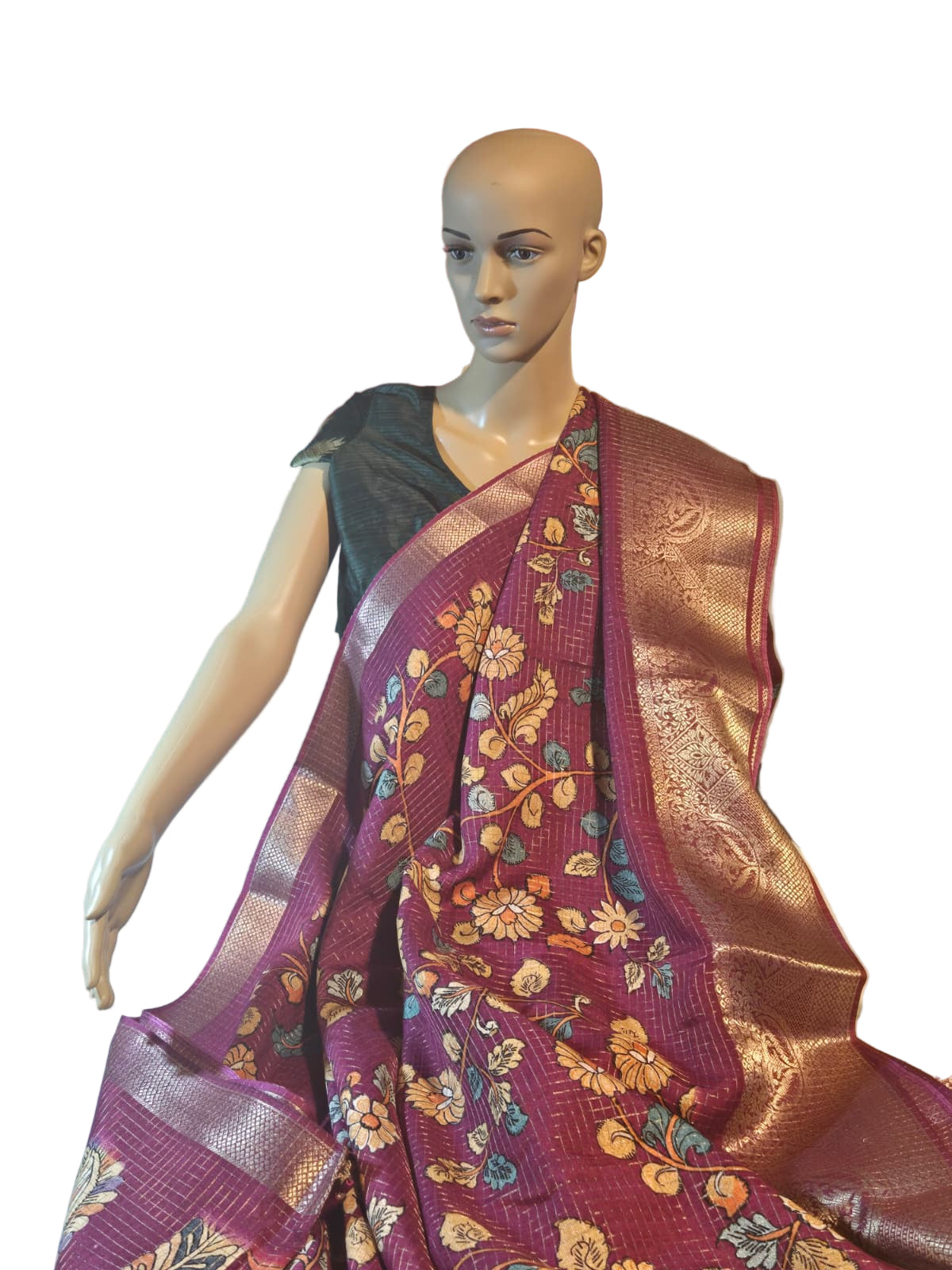 Semi Tussar Silk Saree with Zari Checked Pattern, Kalamkari Prints & Woven Zari Border –dark magenta