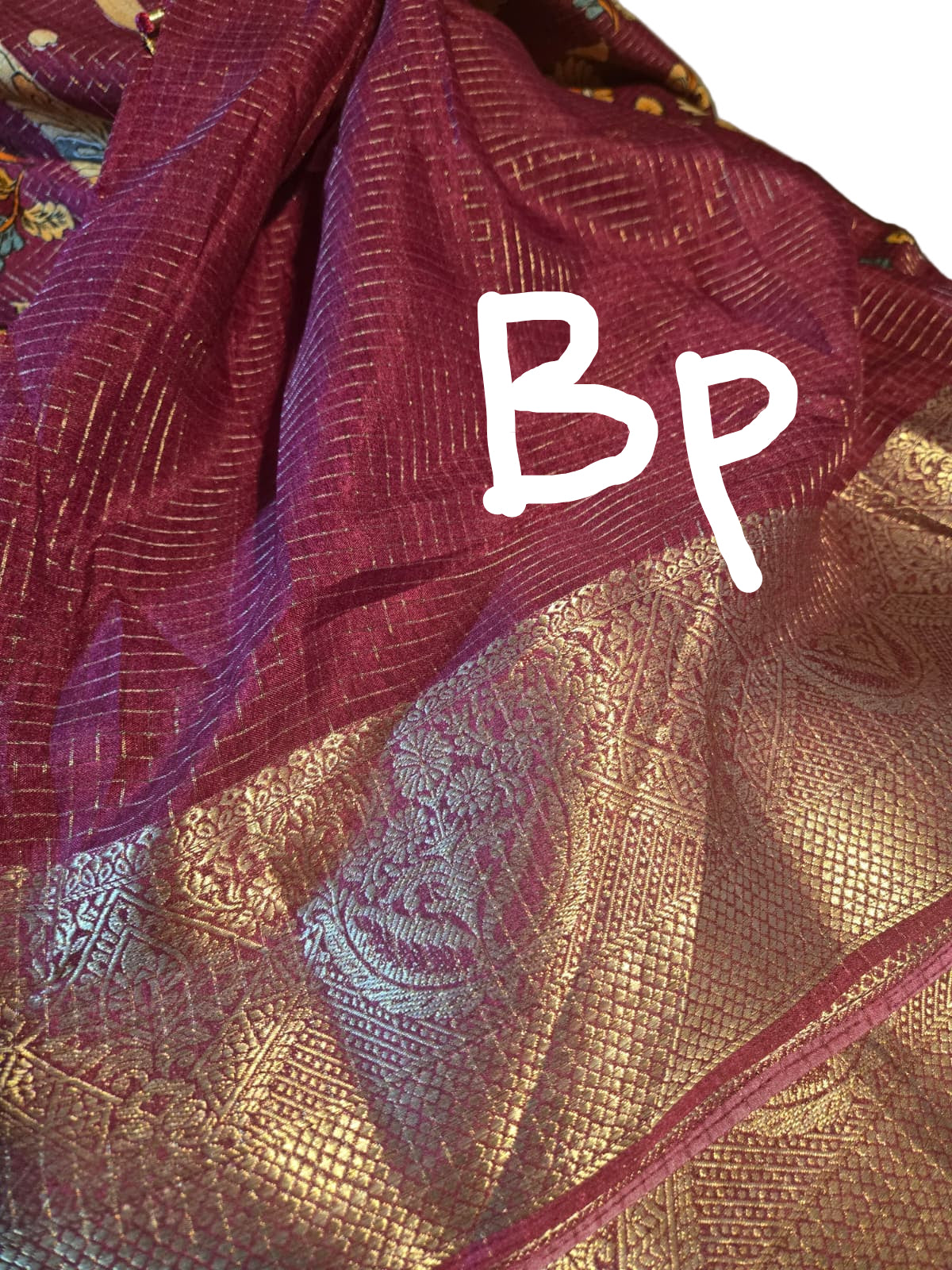 Semi Tussar Silk Saree with Zari Checked Pattern, Kalamkari Prints & Woven Zari Border –dark magenta