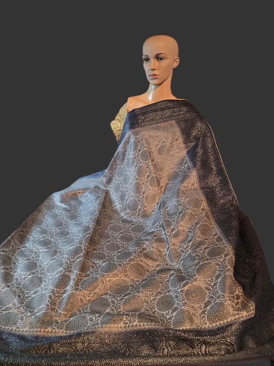 Black Embrodery Design Banarasi Border Light Grey Soft Georgette Banarasi Saree