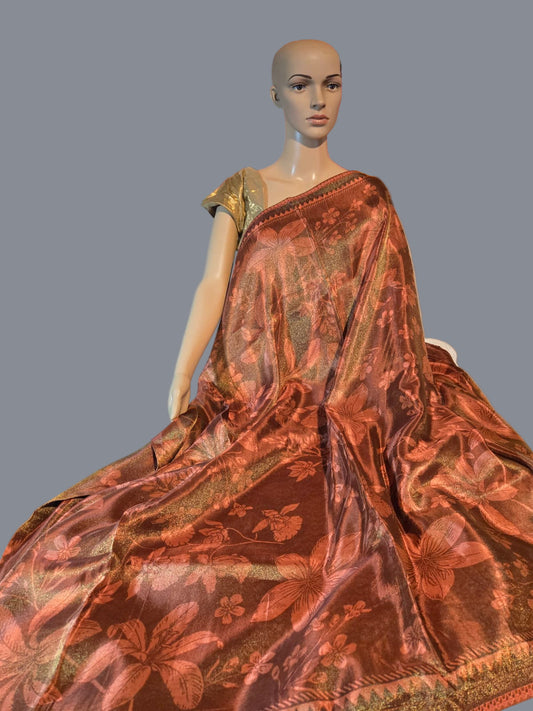 Tissue Saree Viscose Print Gold Color