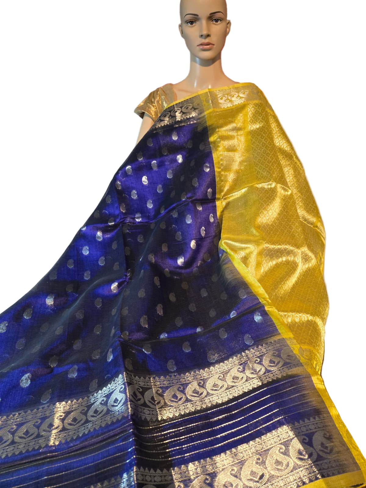 Pure Silk Handloom Saree in Blue with Silver Zari and Yellow Contrast Border – Traditional Elegance