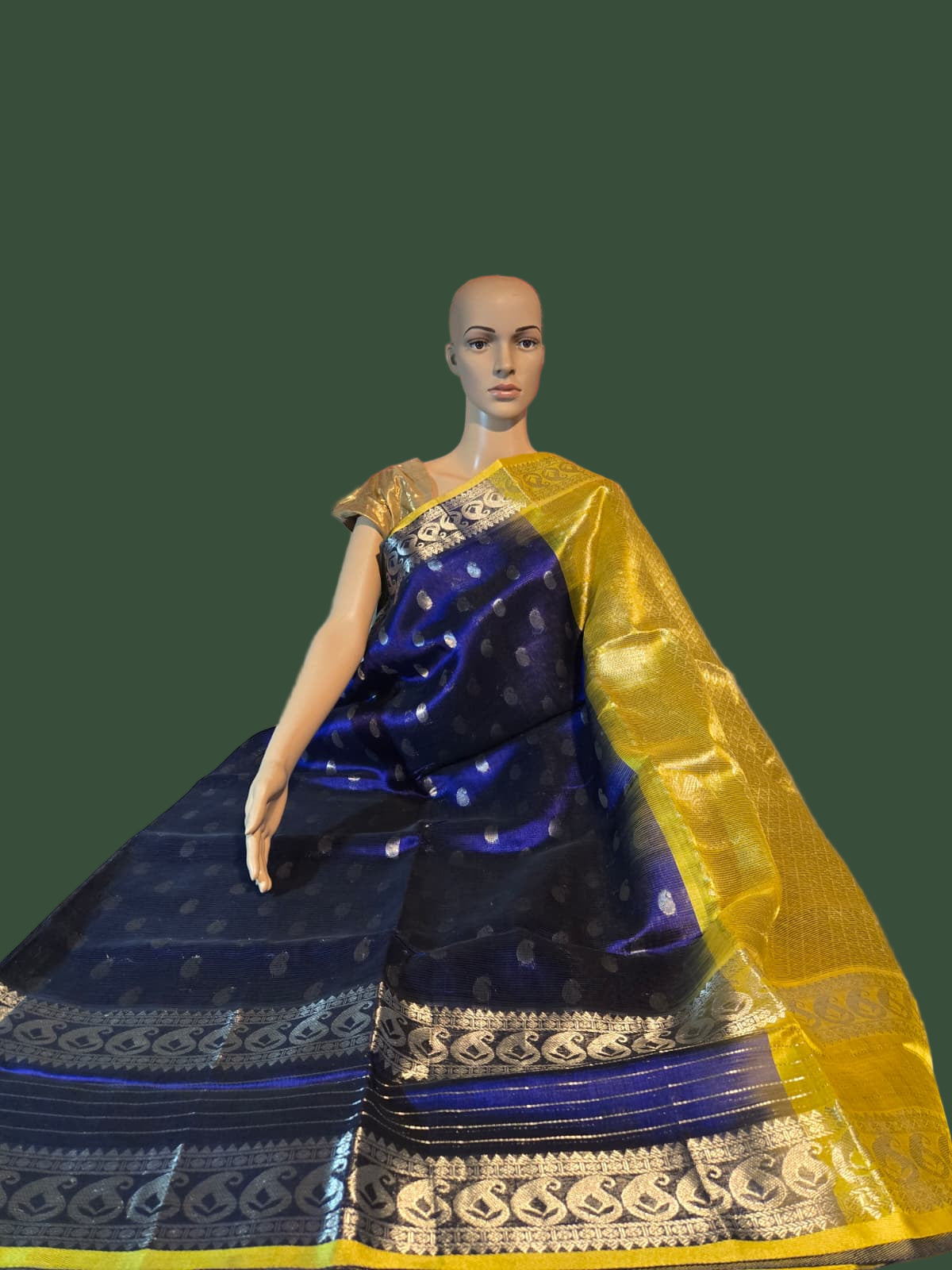 Pure Silk Handloom Saree in Blue with Silver Zari and Yellow Contrast Border – Traditional Elegance