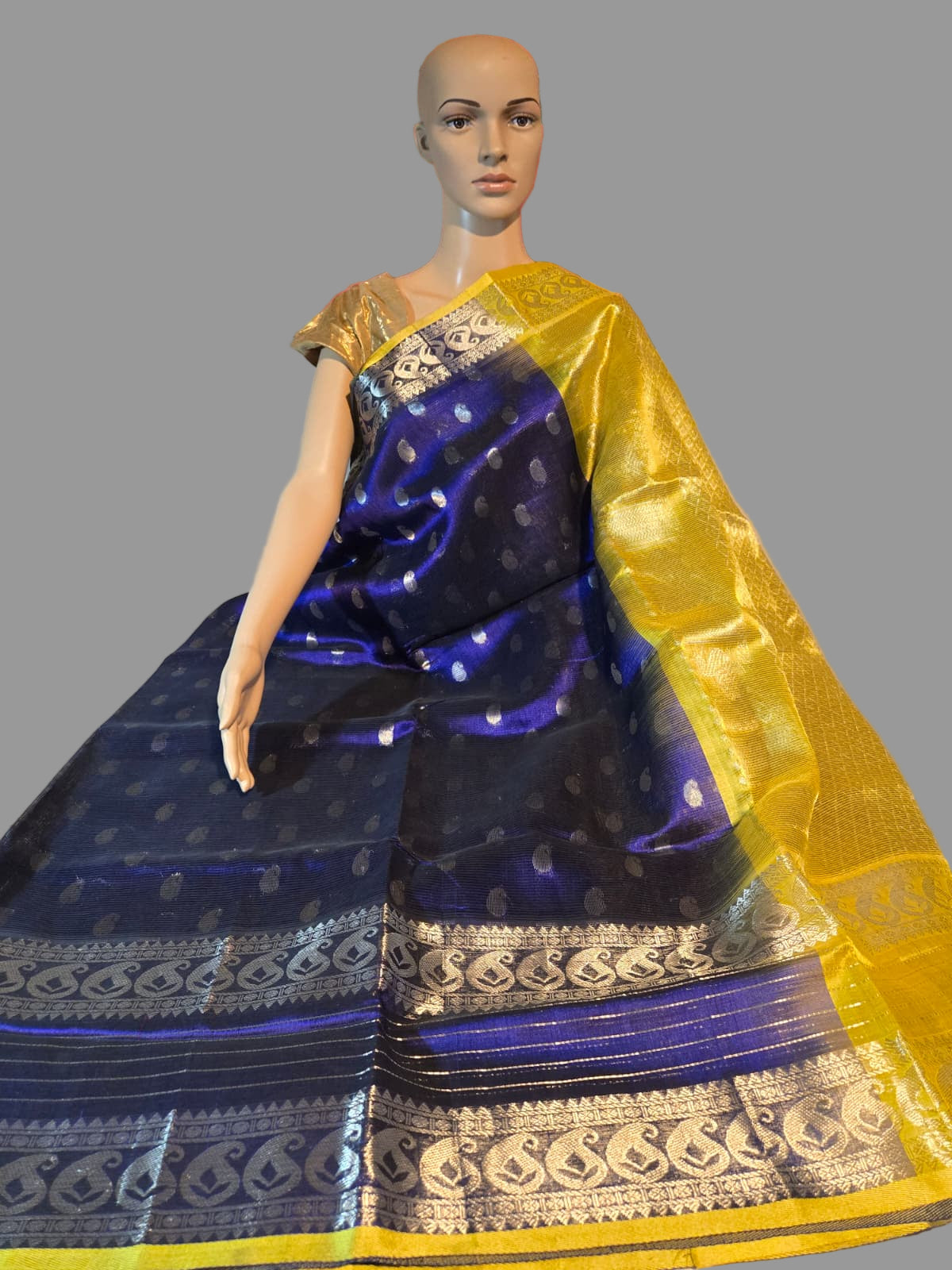 Pure Silk Handloom Saree in Blue with Silver Zari and Yellow Contrast Border – Traditional Elegance