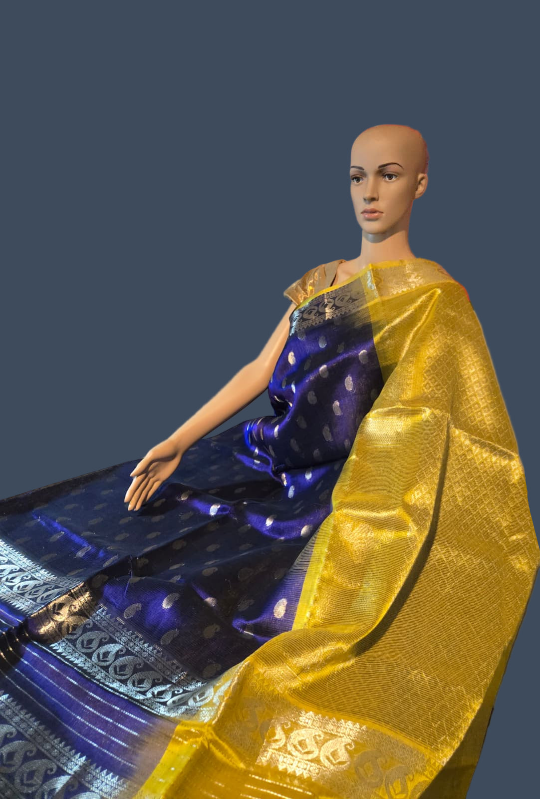 Pure Silk Handloom Saree in Blue with Silver Zari and Yellow Contrast Border – Traditional Elegance