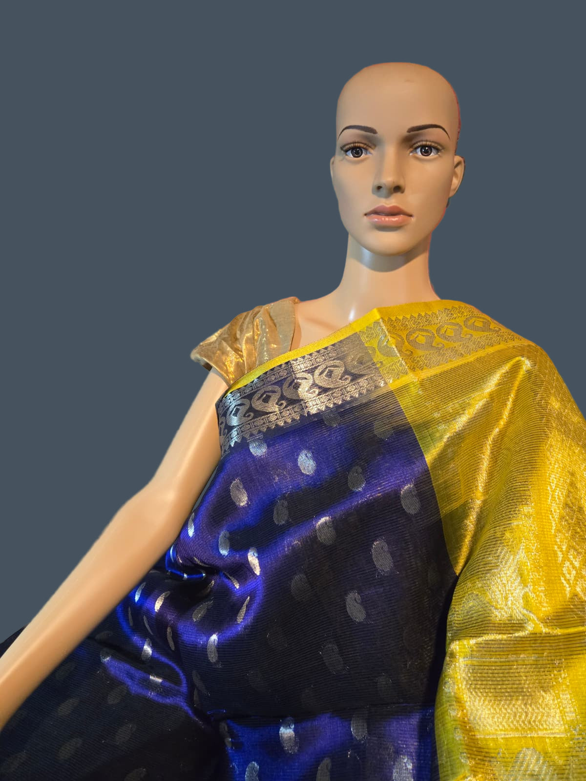 Pure Silk Handloom Saree in Blue with Silver Zari and Yellow Contrast Border – Traditional Elegance