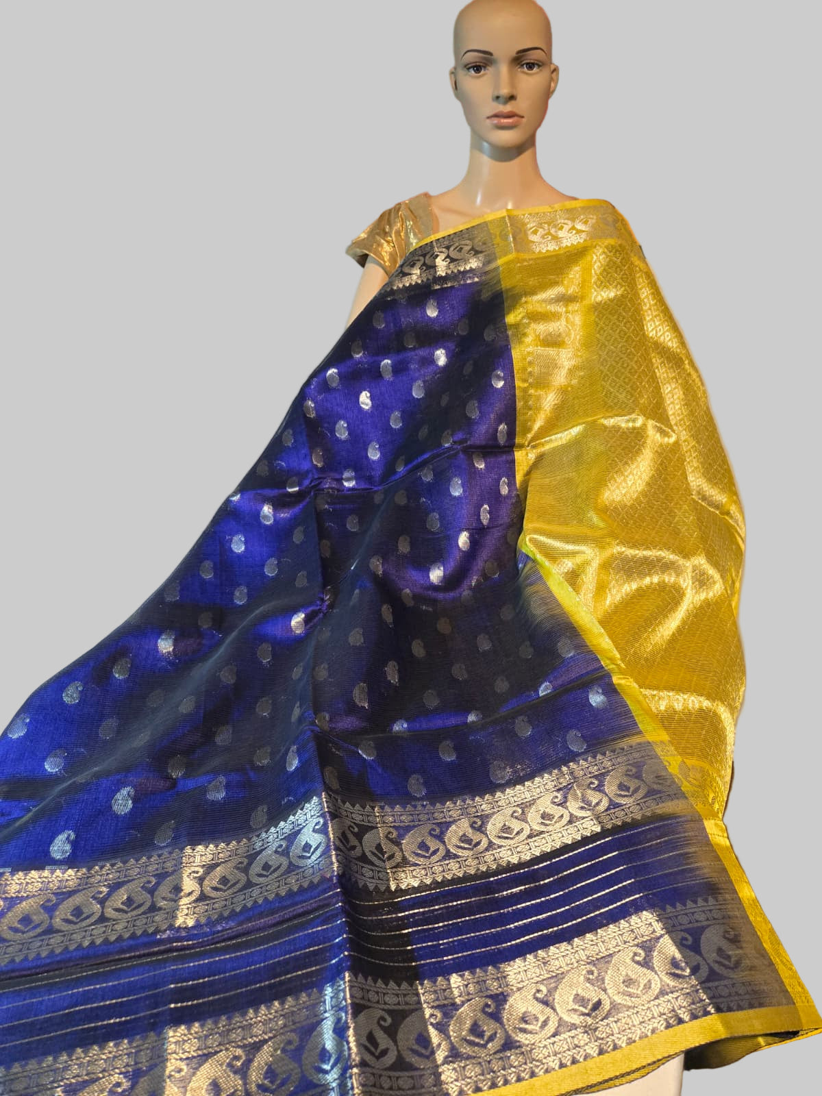 Pure Silk Handloom Saree in Blue with Silver Zari and Yellow Contrast Border – Traditional Elegance