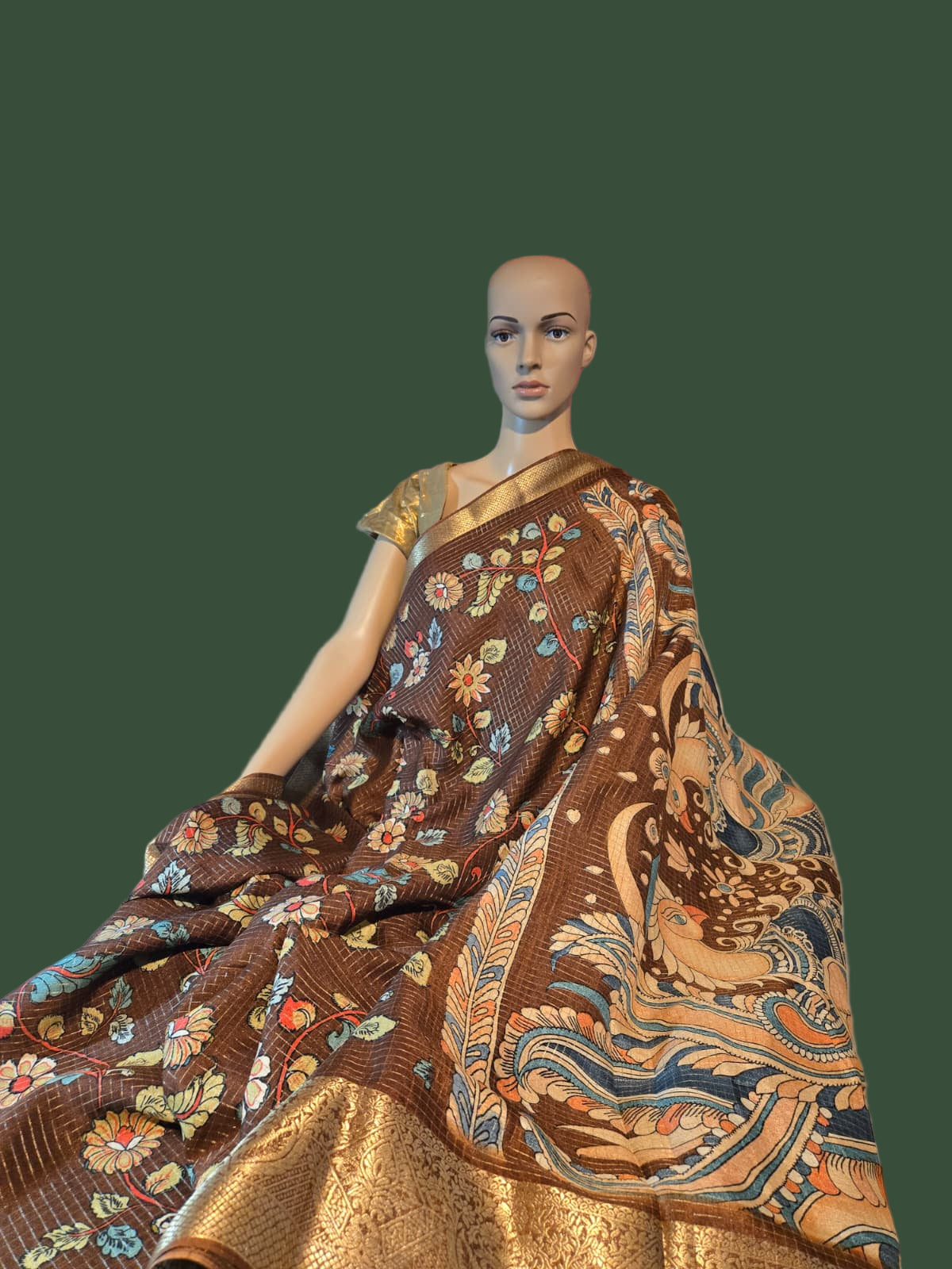 Semi Tussar Silk Saree with Zari Checked Pattern, Kalamkari Prints & Woven Zari Border –  Brown