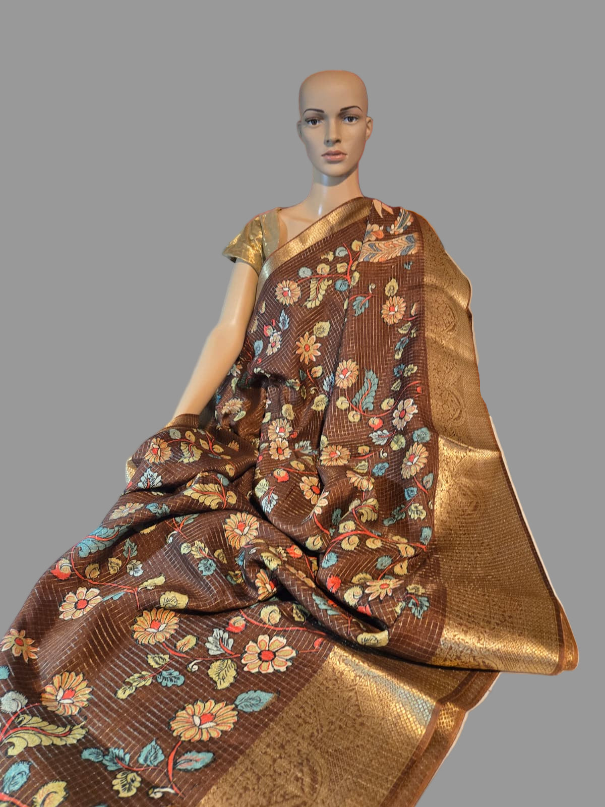 Semi Tussar Silk Saree with Zari Checked Pattern, Kalamkari Prints & Woven Zari Border –  Brown