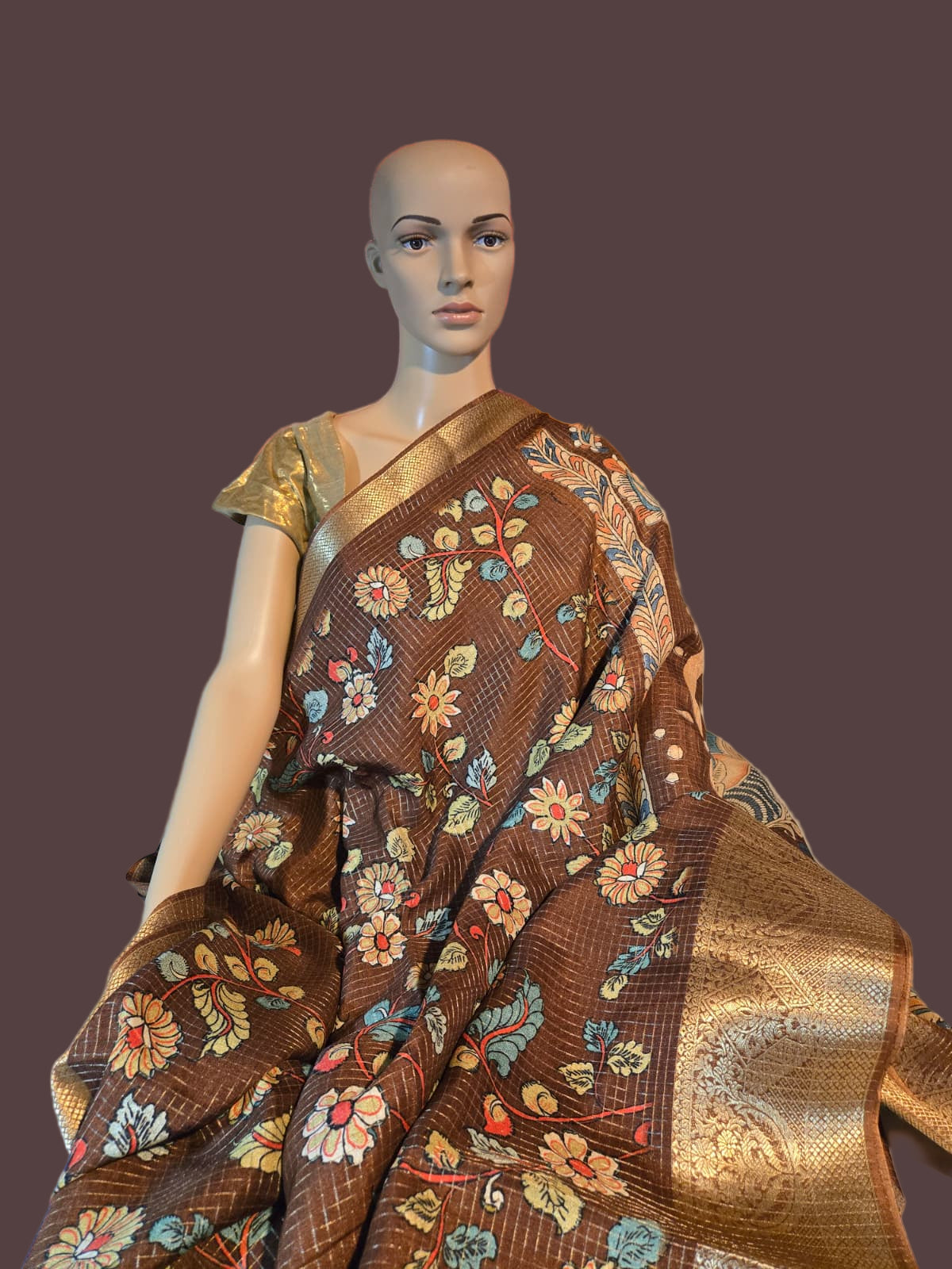 Semi Tussar Silk Saree with Zari Checked Pattern, Kalamkari Prints & Woven Zari Border –  Brown