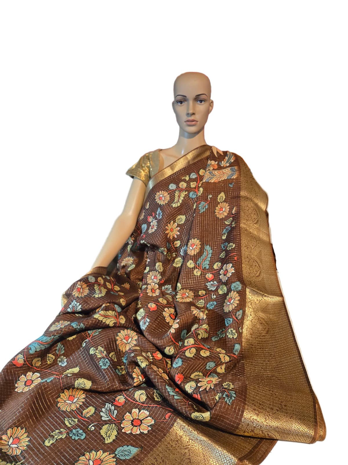 Semi Tussar Silk Saree with Zari Checked Pattern, Kalamkari Prints & Woven Zari Border –  Brown