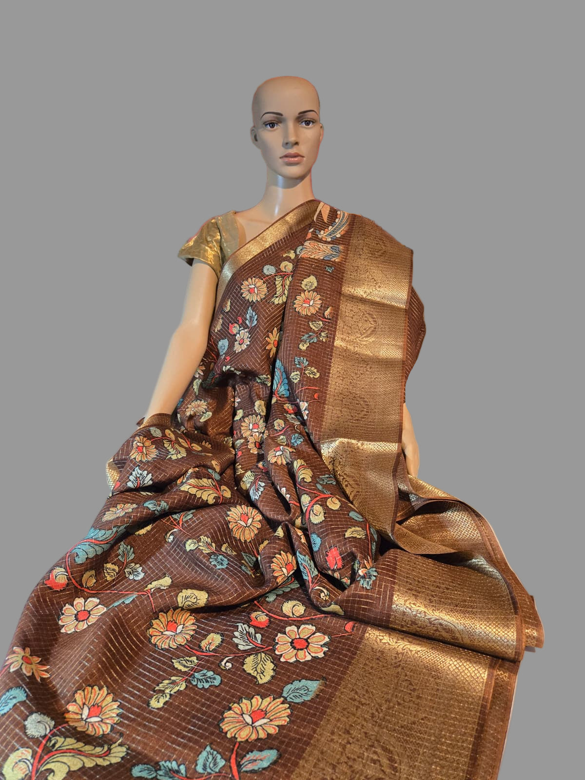 Semi Tussar Silk Saree with Zari Checked Pattern, Kalamkari Prints & Woven Zari Border –  Brown