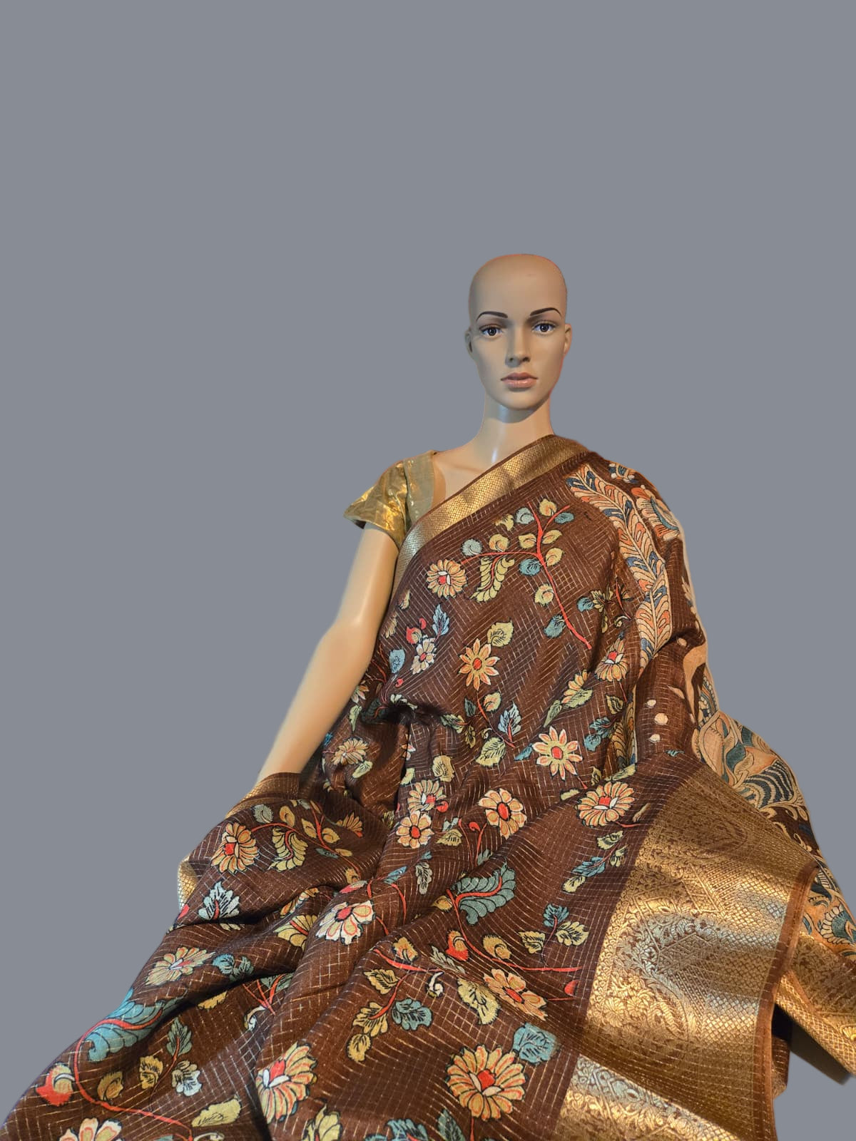 Semi Tussar Silk Saree with Zari Checked Pattern, Kalamkari Prints & Woven Zari Border –  Brown