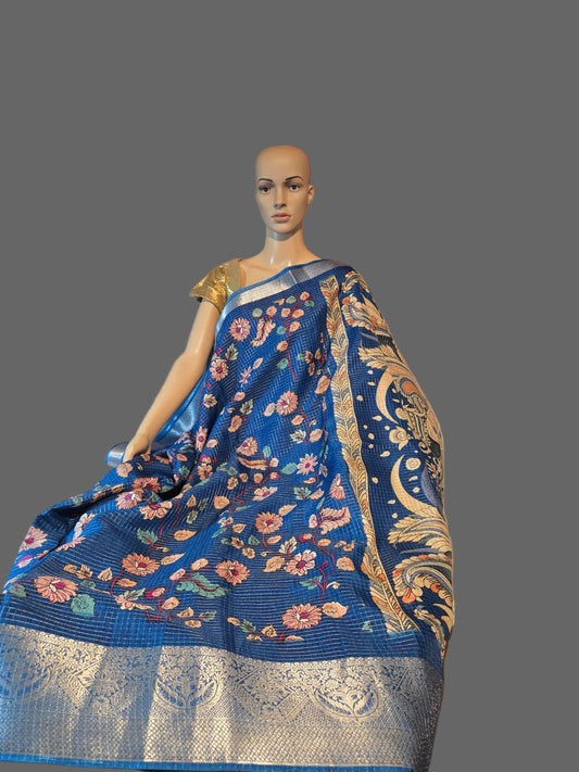 Elegant Semi Tussar Silk Saree with Zari Checks, Kalamkari Print & Woven Border – Blue Saree
