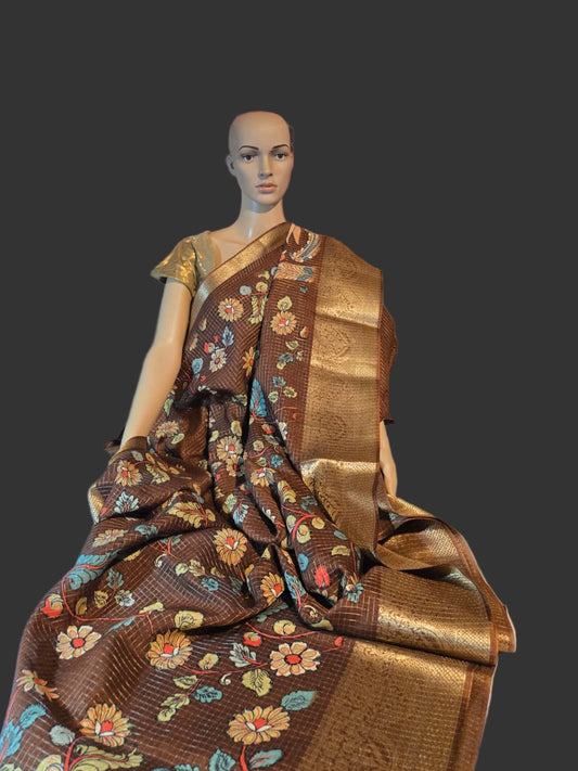 Semi Tussar Silk Saree with Zari Checked Pattern, Kalamkari Prints & Woven Zari Border –  Brown