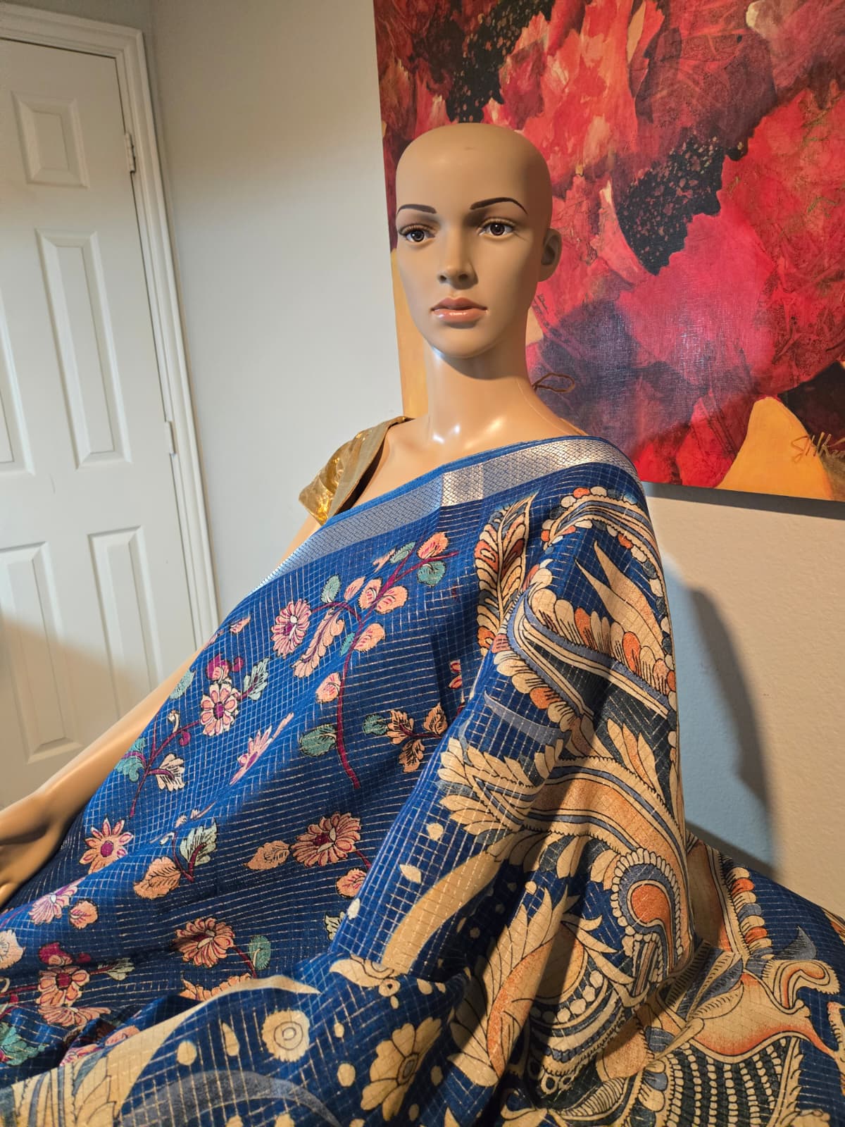 Elegant Semi Tussar Silk Saree with Zari Checks, Kalamkari Print & Woven Border – Blue Saree