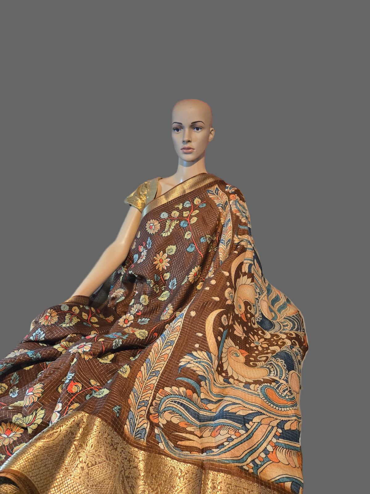 Semi Tussar Silk Saree with Zari Checked Pattern, Kalamkari Prints & Woven Zari Border –  Brown