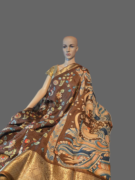 Semi Tussar Silk Saree with Zari Checked Pattern, Kalamkari Prints & Woven Zari Border –  Brown