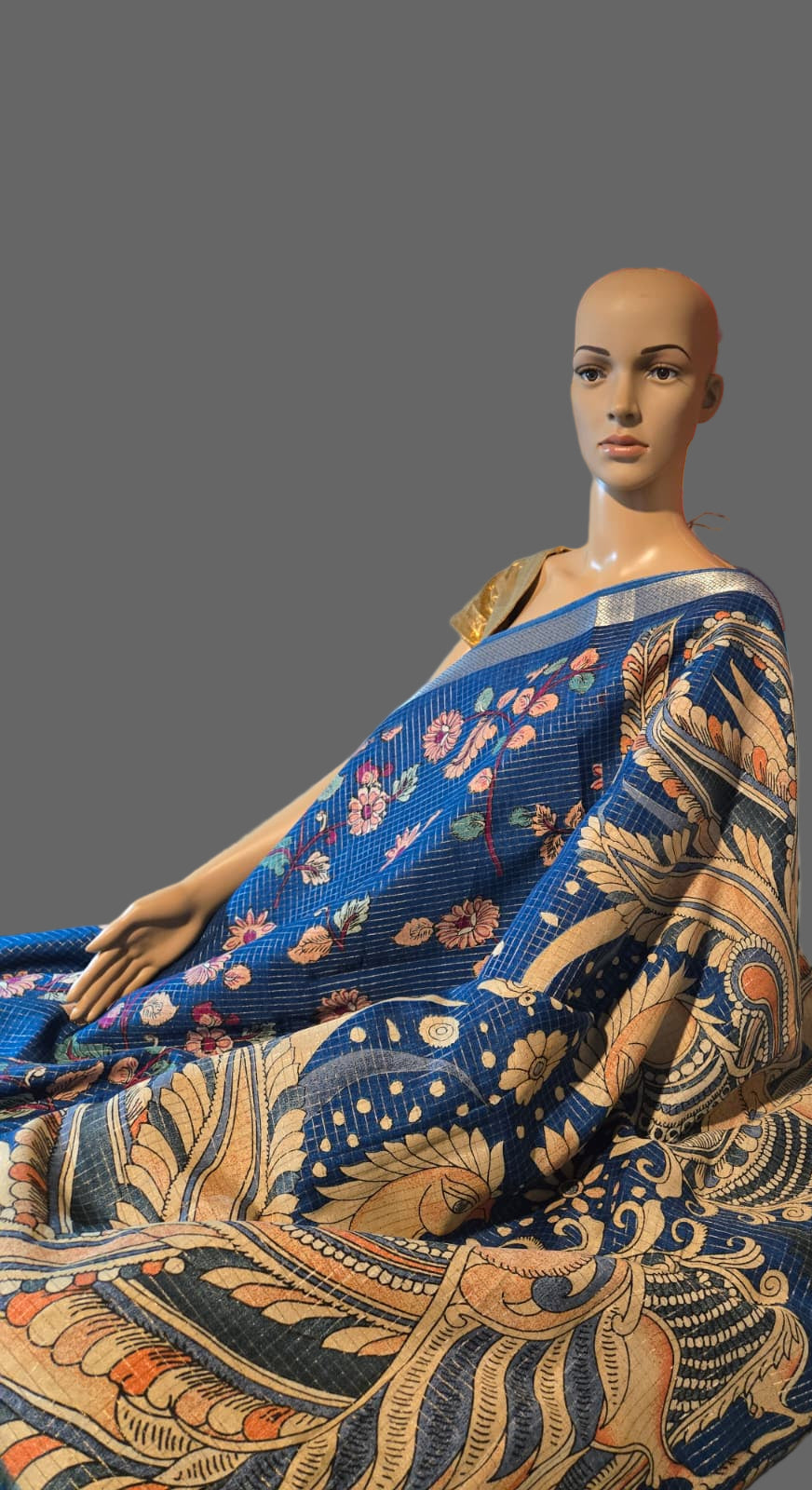 Elegant Semi Tussar Silk Saree with Zari Checks, Kalamkari Print & Woven Border – Blue Saree