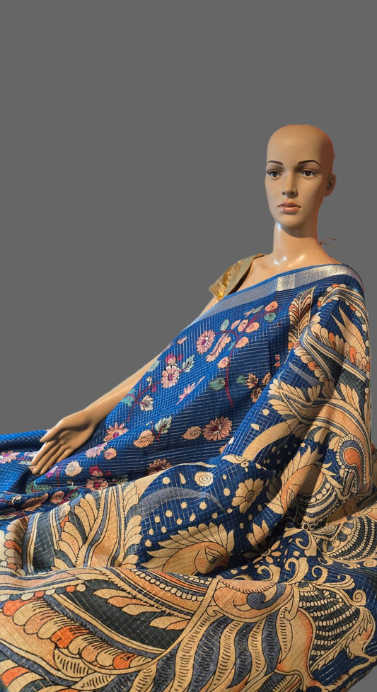 Elegant Semi Tussar Silk Saree with Zari Checks, Kalamkari Print & Woven Border – Blue Saree