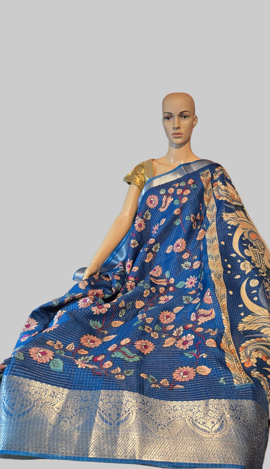 Elegant Semi Tussar Silk Saree with Zari Checks, Kalamkari Print & Woven Border – Blue Saree
