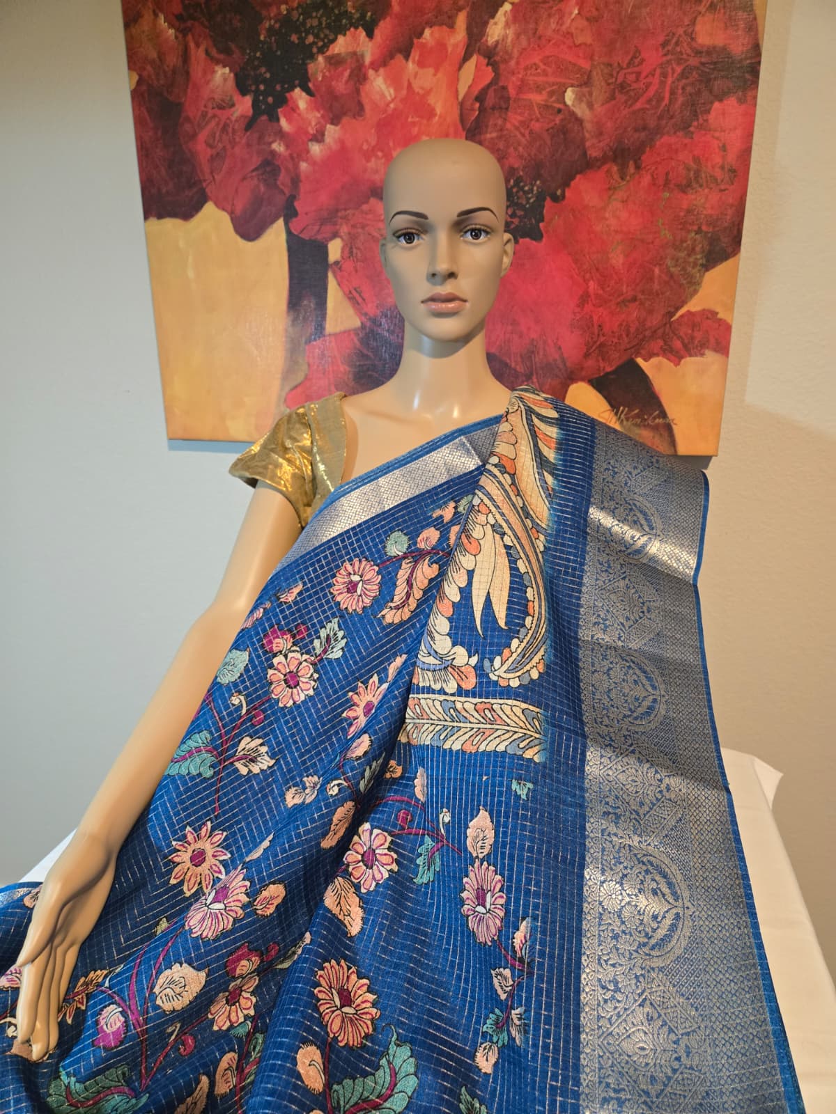 Elegant Semi Tussar Silk Saree with Zari Checks, Kalamkari Print & Woven Border – Blue Saree