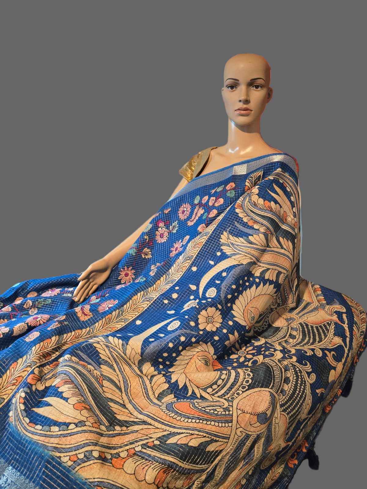 Elegant Semi Tussar Silk Saree with Zari Checks, Kalamkari Print & Woven Border – Blue Saree
