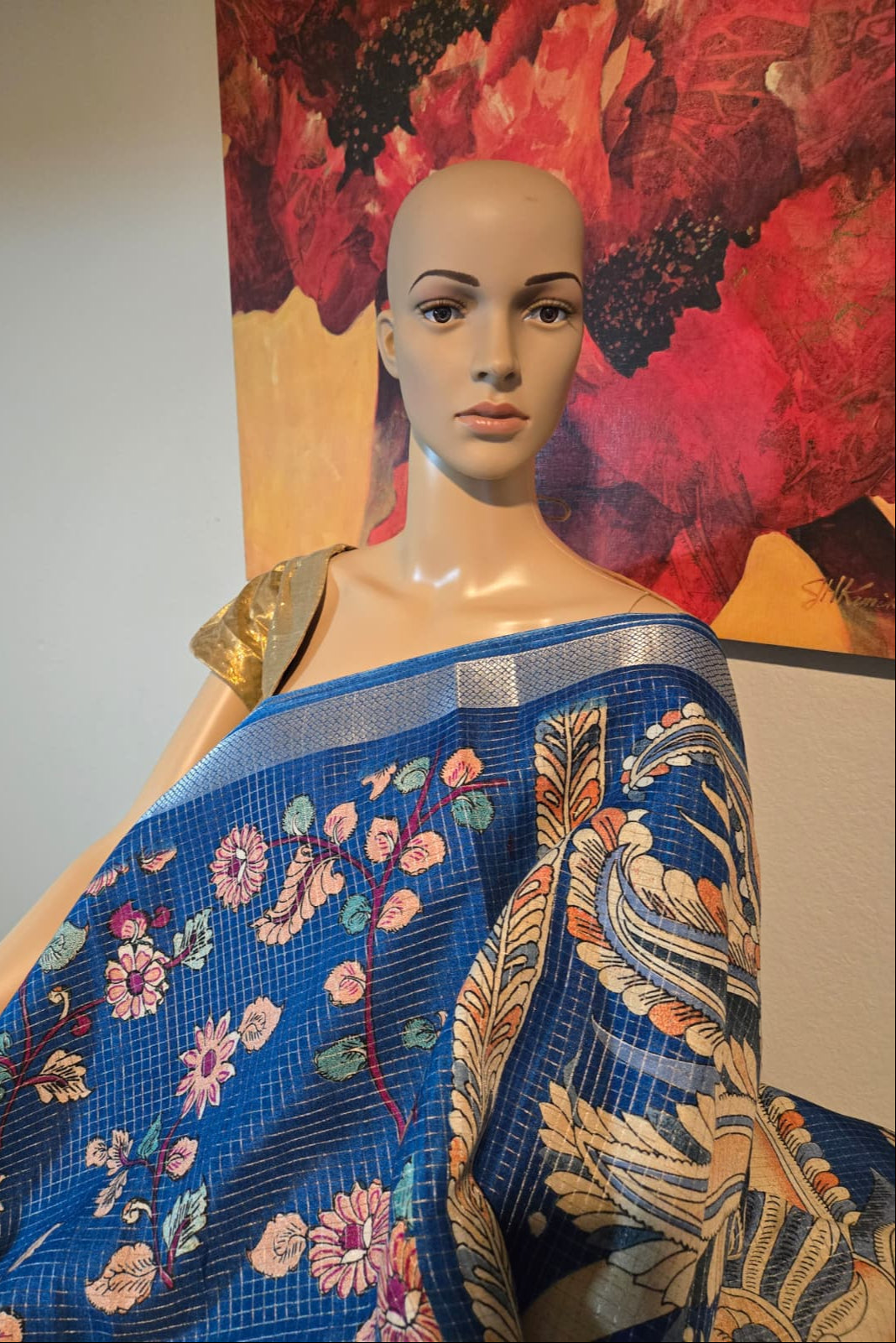 Elegant Semi Tussar Silk Saree with Zari Checks, Kalamkari Print & Woven Border – Blue Saree