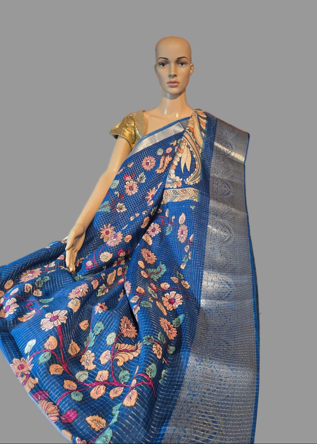 Elegant Semi Tussar Silk Saree with Zari Checks, Kalamkari Print & Woven Border – Blue Saree