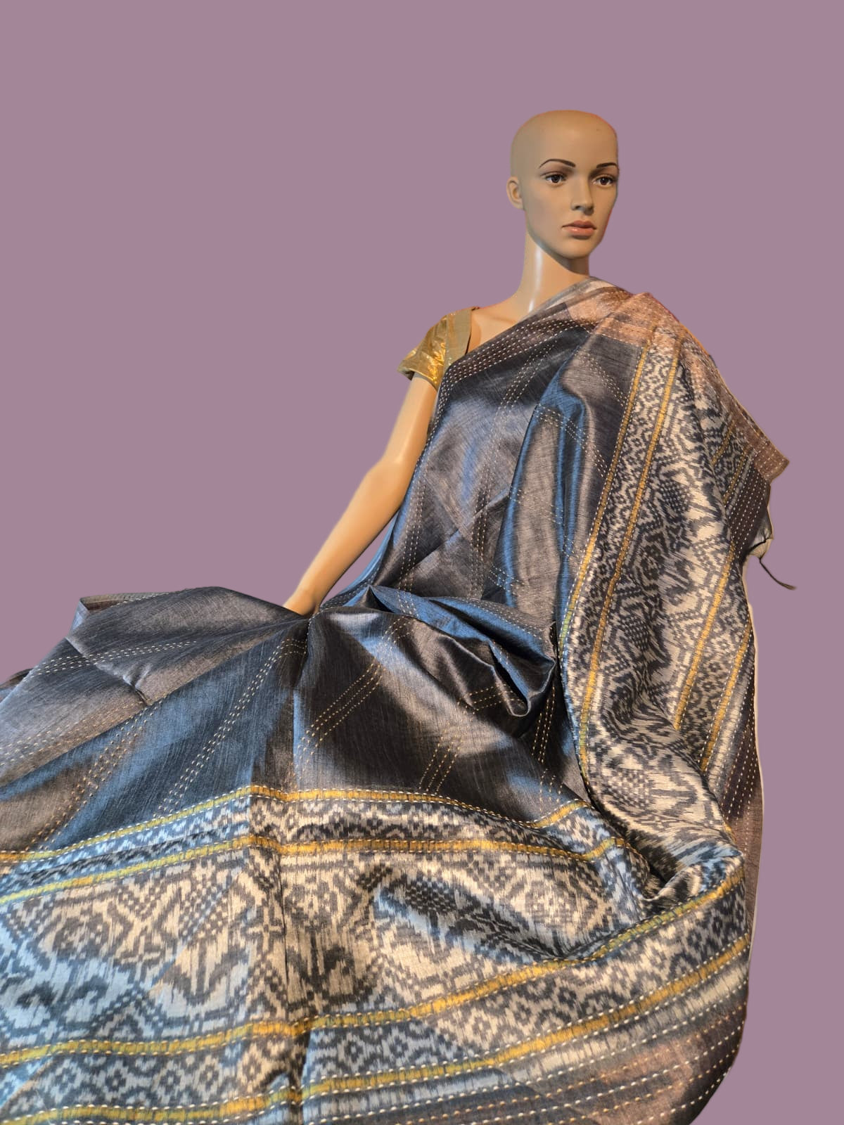 Art Silk Cotton Saree Cotton Saree Fancy Saree Ikkat Print Thread work Saree Grey Color