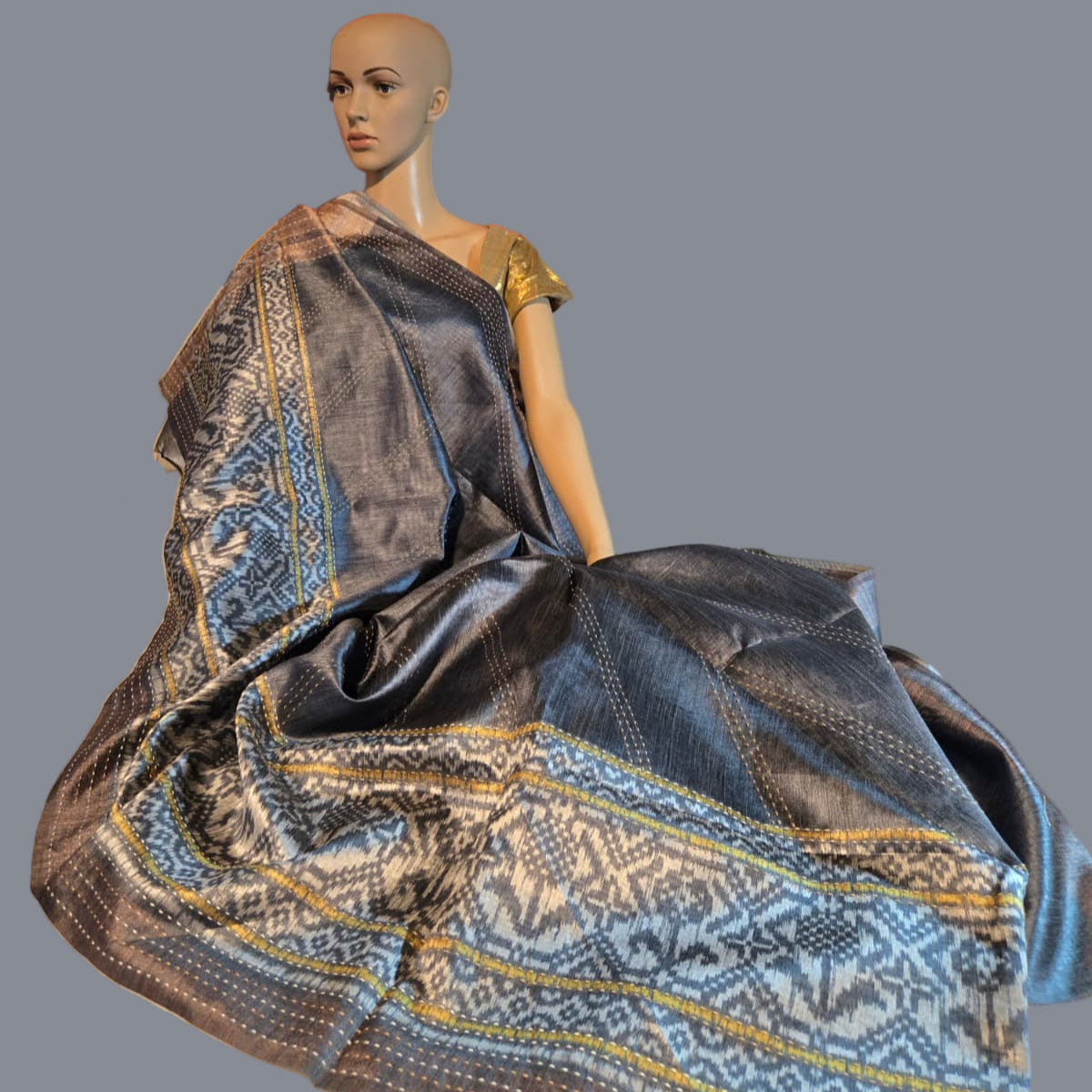 Art Silk Cotton Saree Cotton Saree Fancy Saree Ikkat Print Thread work Saree Grey Color