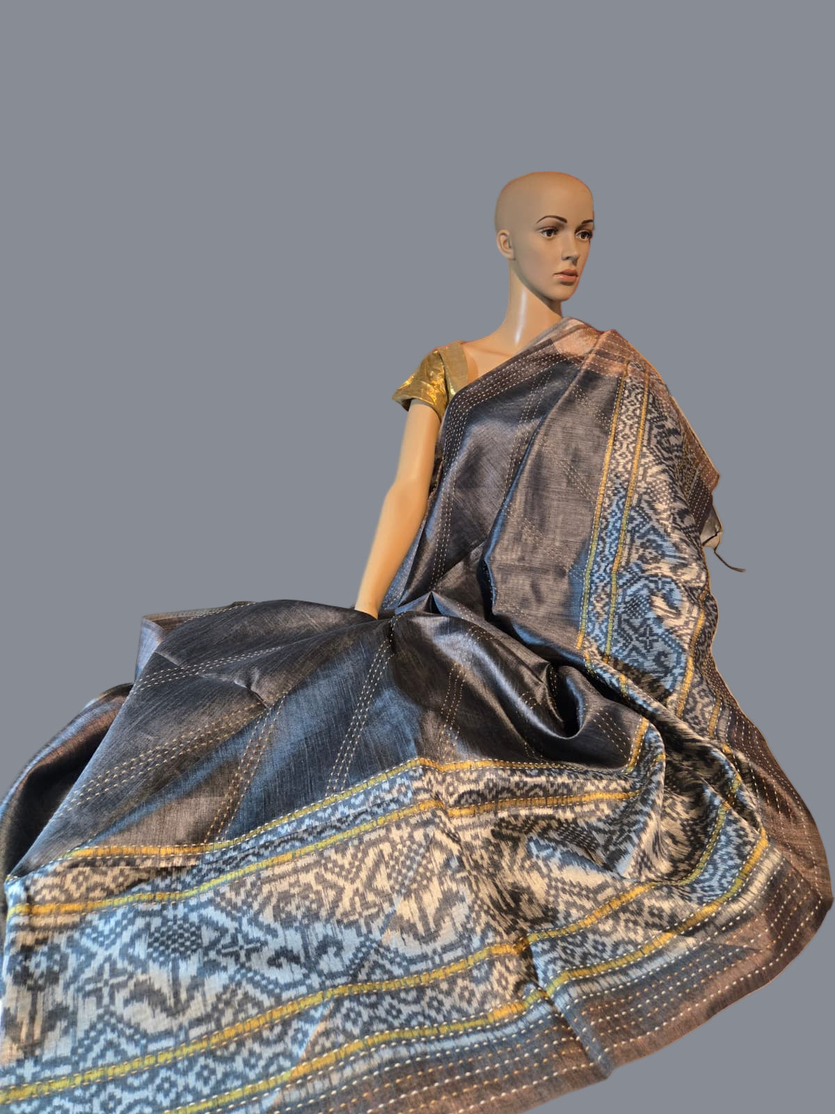 Art Silk Cotton Saree Cotton Saree Fancy Saree Ikkat Print Thread work Saree Grey Color