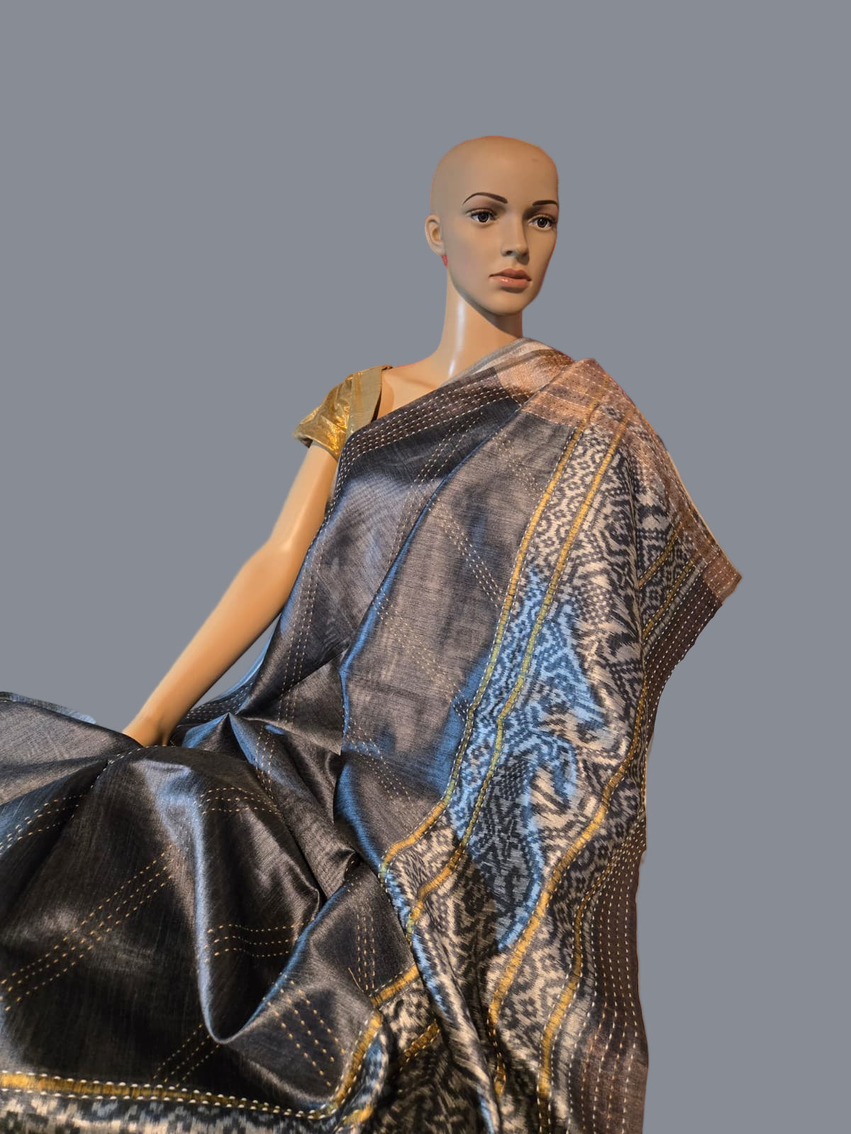 Art Silk Cotton Saree Cotton Saree Fancy Saree Ikkat Print Thread work Saree Grey Color