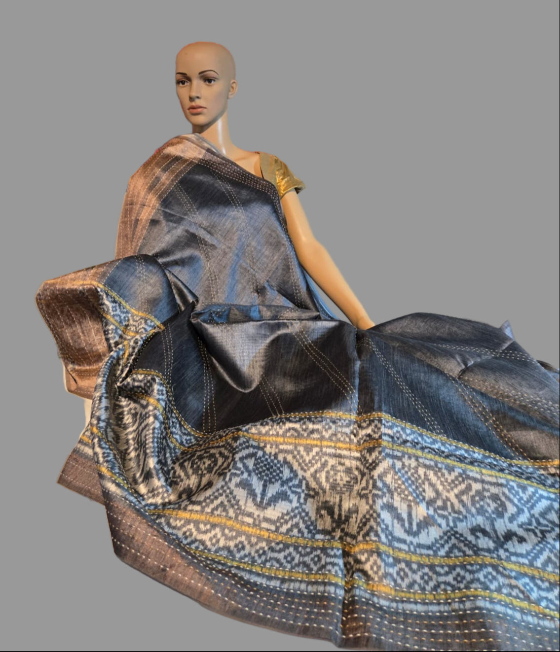 Art Silk Cotton Saree Cotton Saree Fancy Saree Ikkat Print Thread work Saree Grey Color