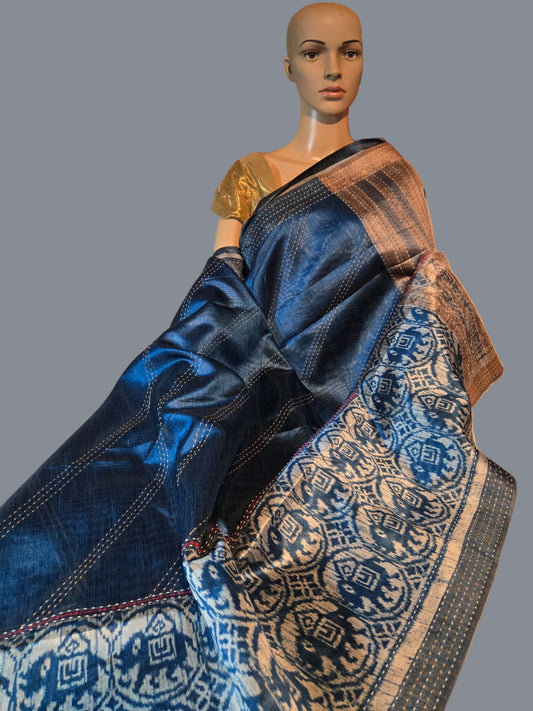 Art Silk Cotton Saree Elephant Print Ikkat Saree Fancy Saree Thread work Saree Blue USA